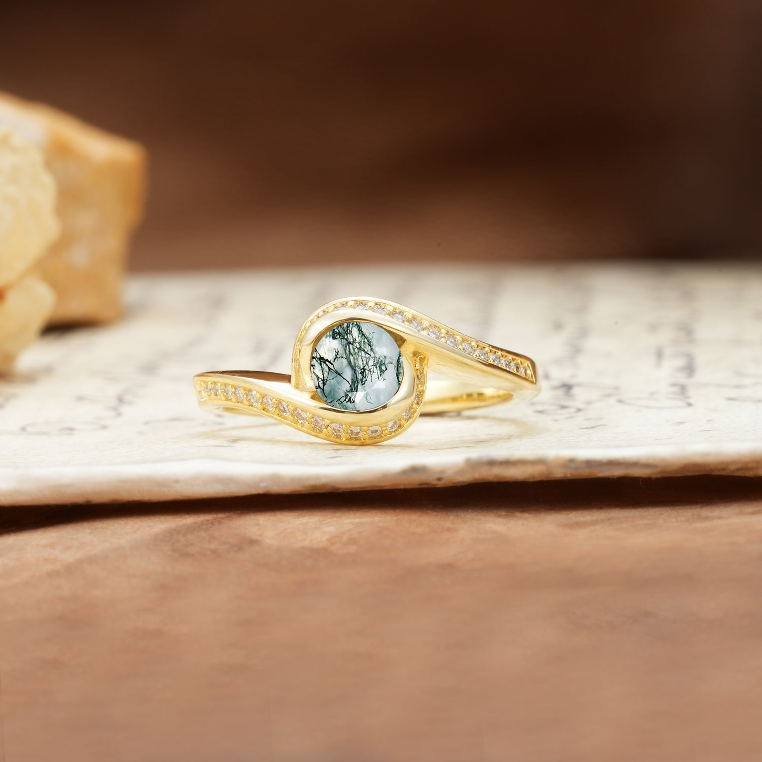 Unique Pavé-Set Spiral Round Cut Moss Agate Engagement Ring - Additional view