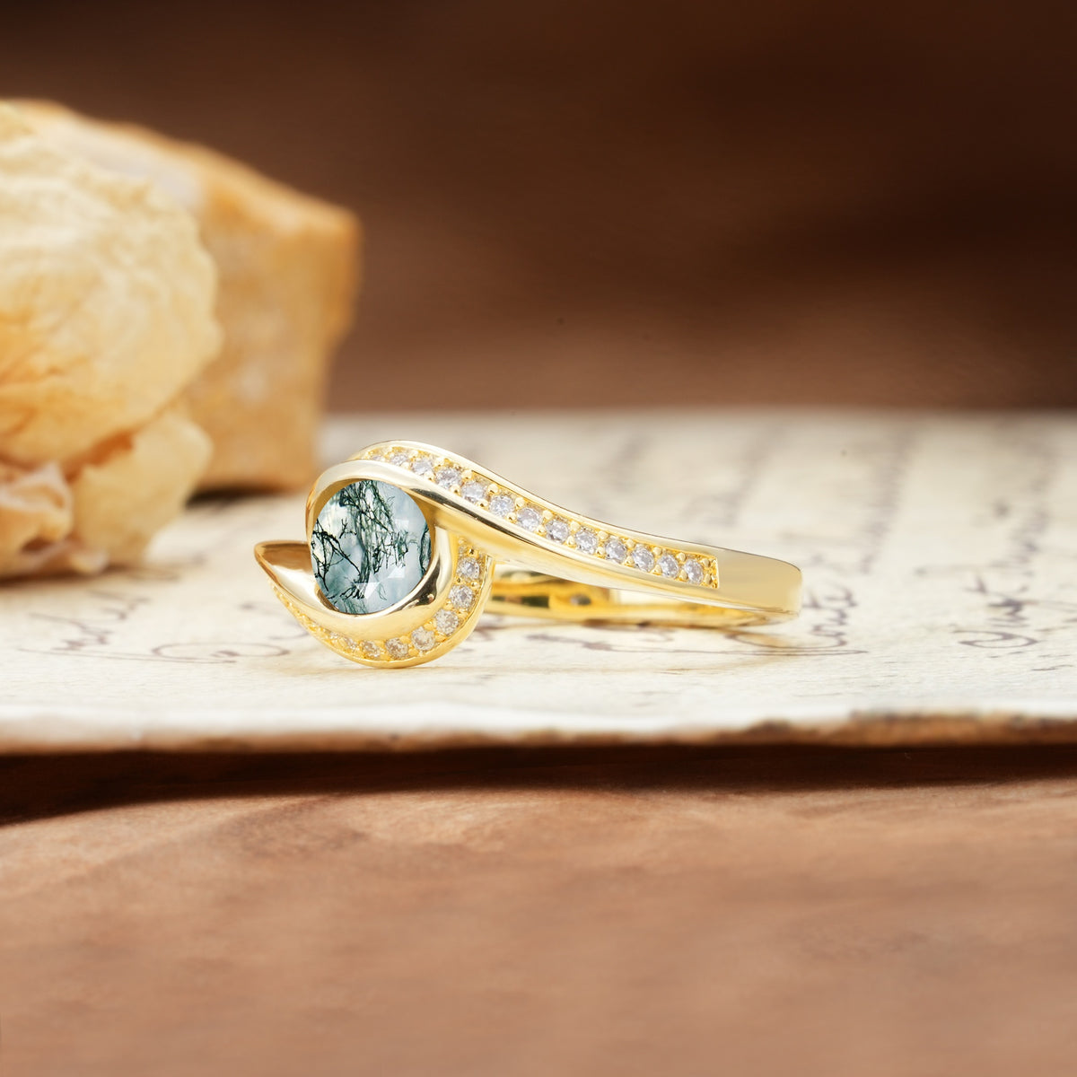 Unique Pavé-Set Spiral Round Cut Moss Agate Engagement Ring - Additional view