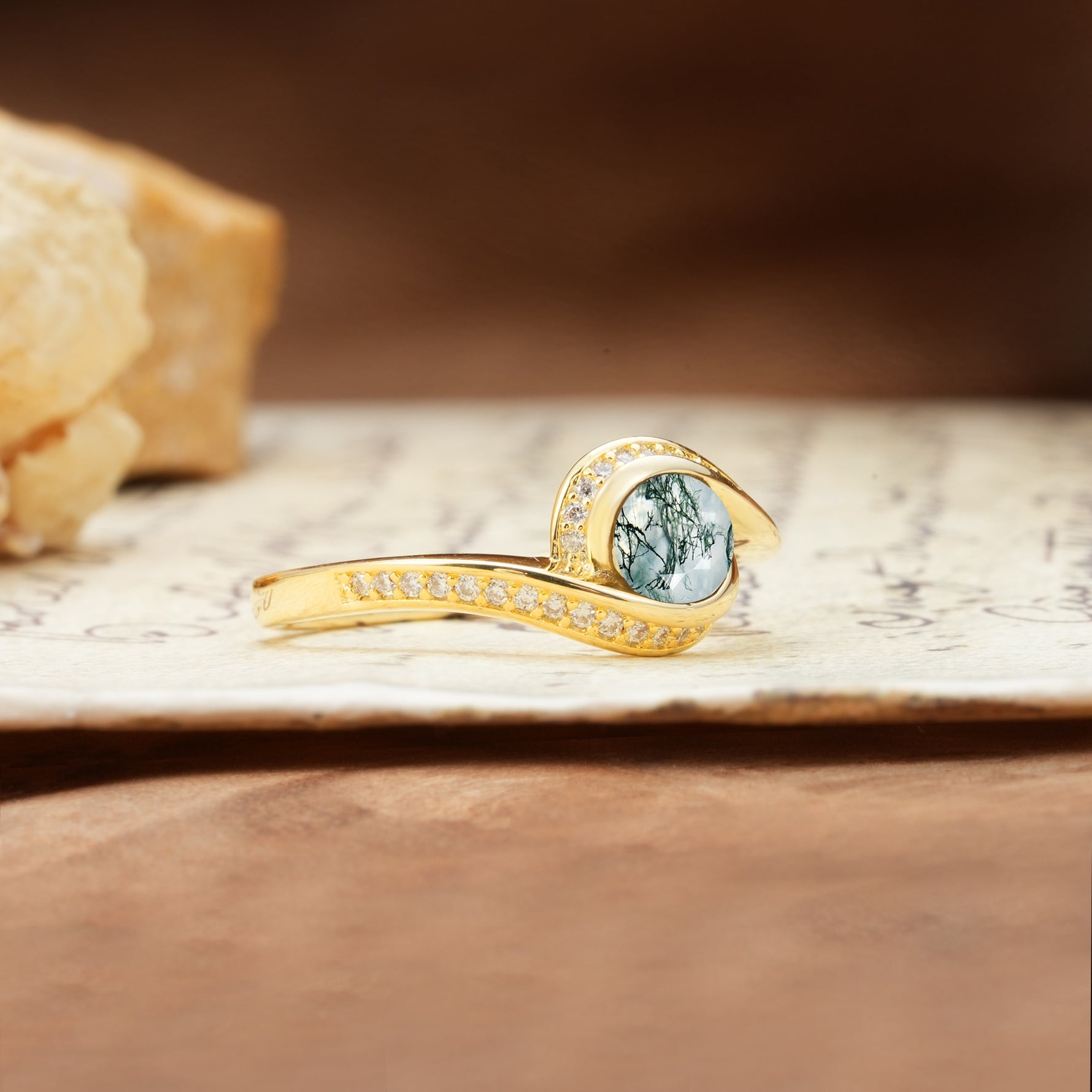 Unique Pavé-Set Spiral Round Cut Moss Agate Engagement Ring - Additional view