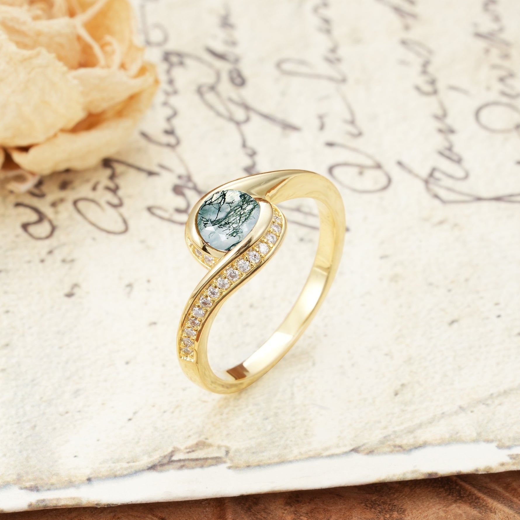 Unique Pavé-Set Spiral Round Cut Moss Agate Engagement Ring - Additional view