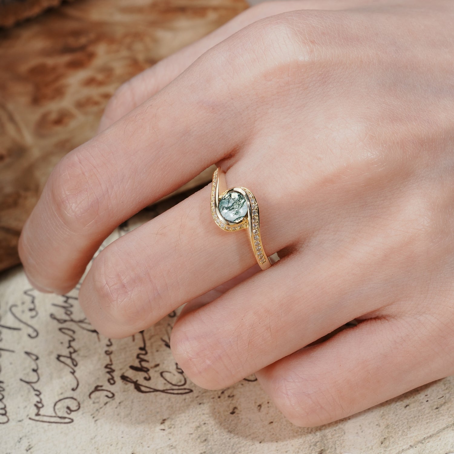 Unique Pavé-Set Spiral Round Cut Moss Agate Engagement Ring - Additional view