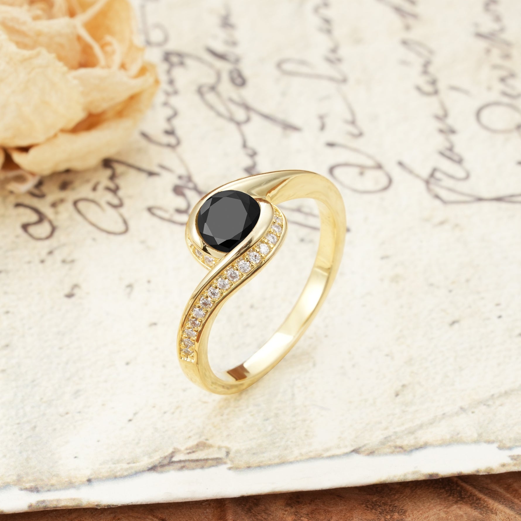Unique Pavé-Set Spiral Round Cut Black Onyx Engagement Ring - Additional view
