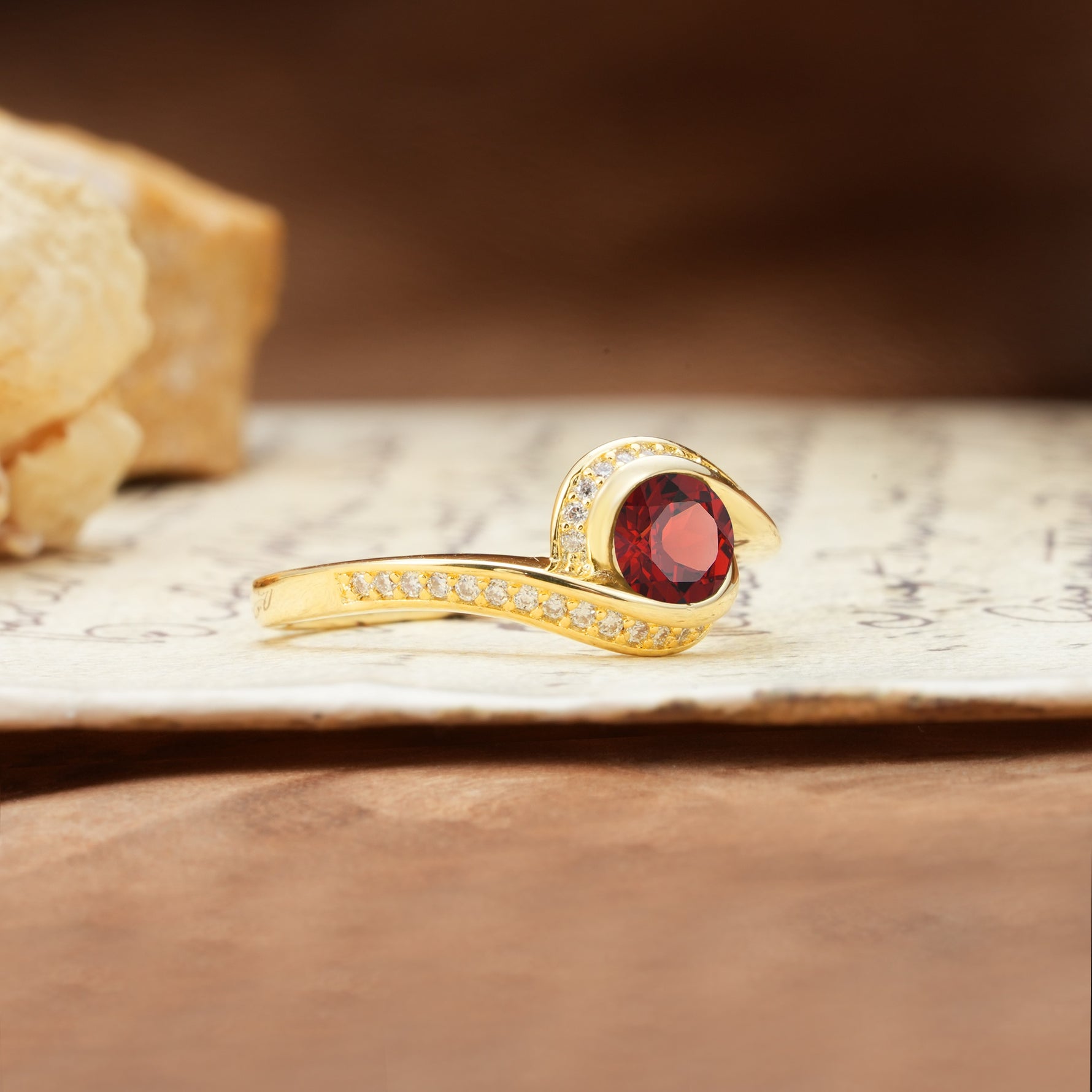 Unique Pavé-Set Spiral Round Cut Garnet Engagement Ring - Additional view