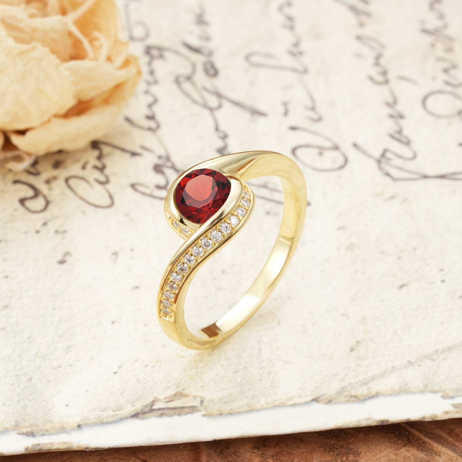 Unique Pavé-Set Spiral Round Cut Garnet Engagement Ring - Additional view