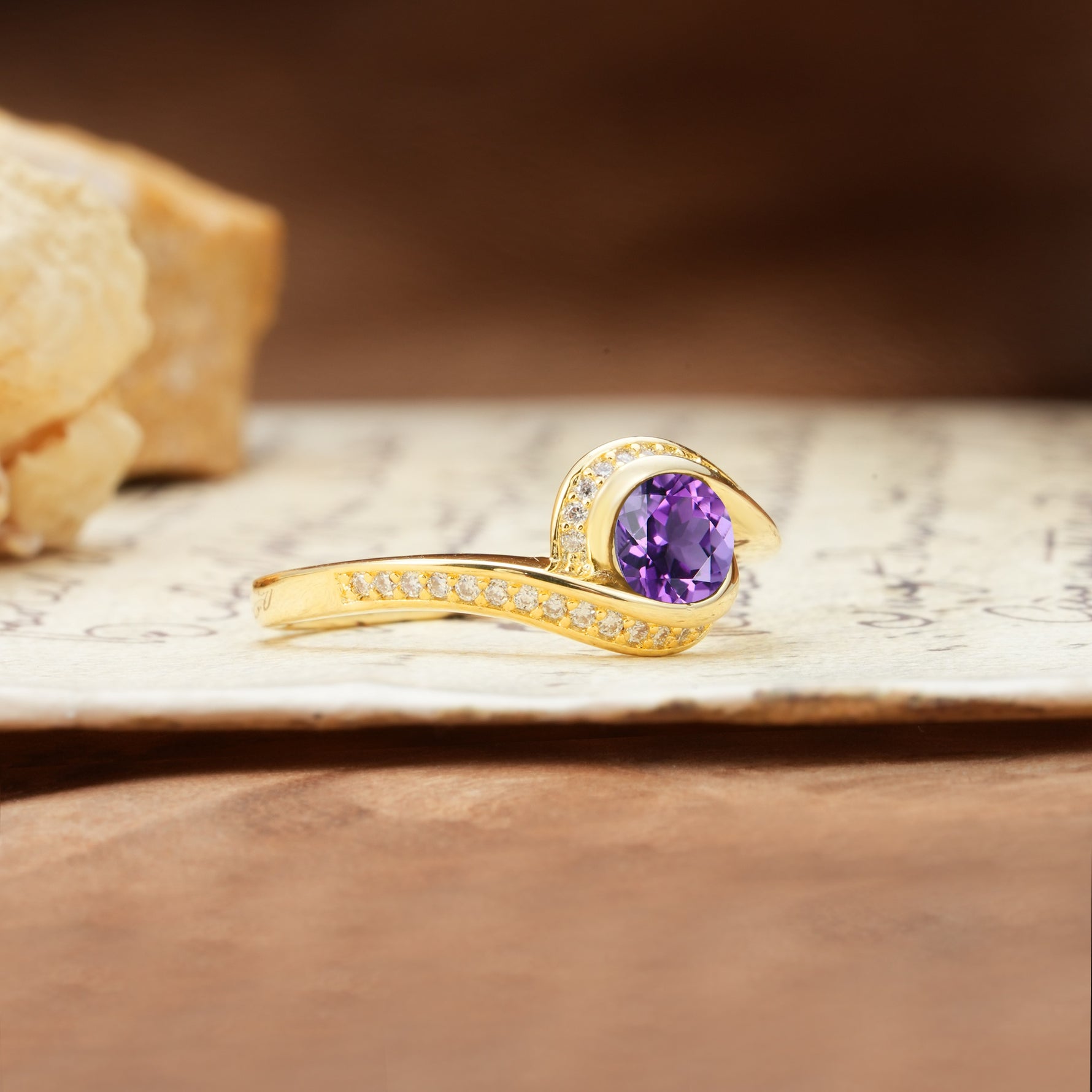 Unique Pavé-Set Spiral Round Cut Amethyst Engagement Ring - Additional view