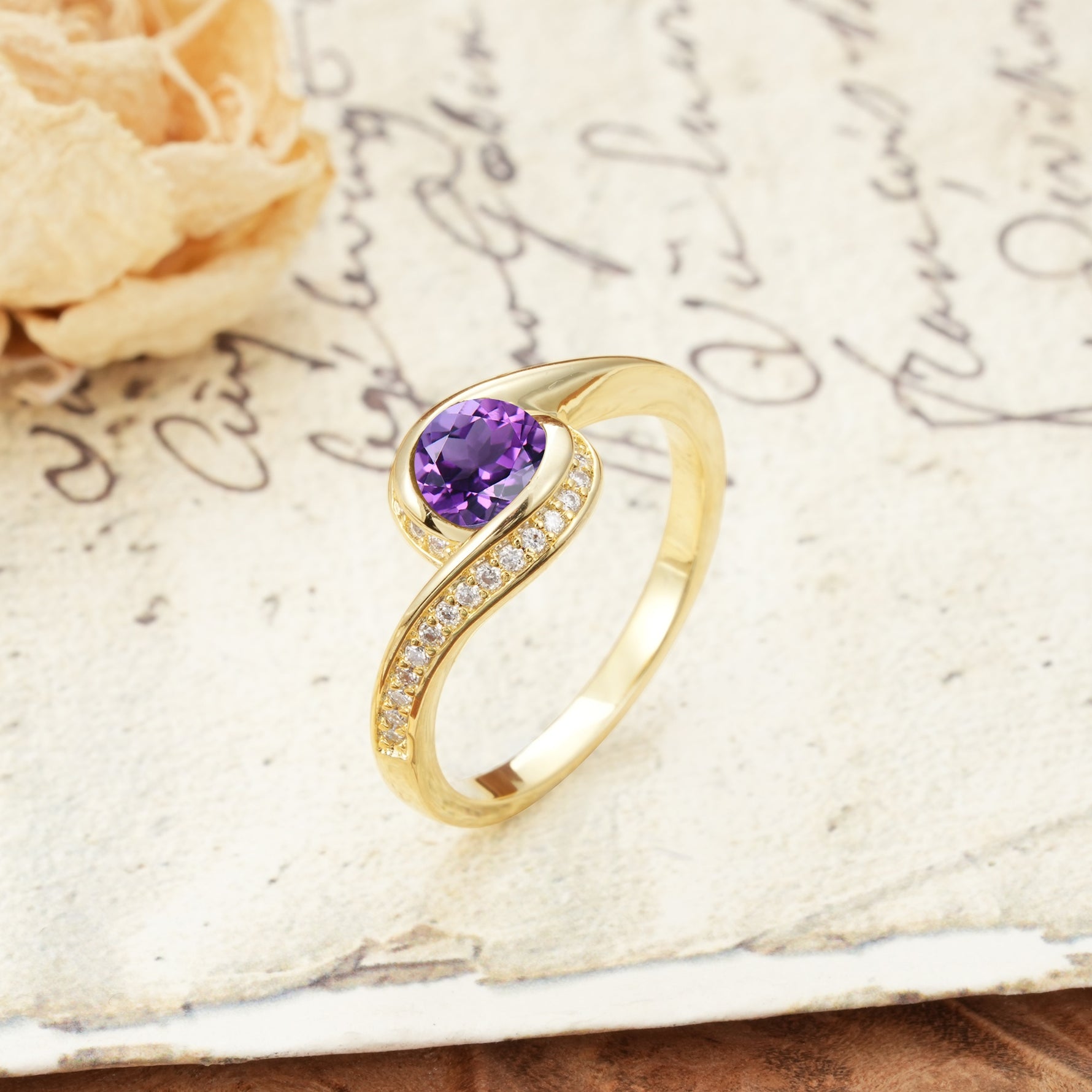 Unique Pavé-Set Spiral Round Cut Amethyst Engagement Ring - Additional view