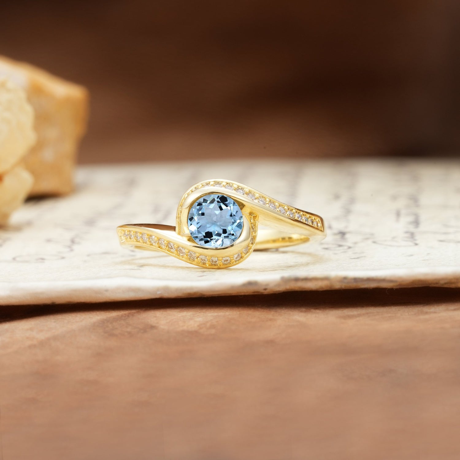 Unique Pavé-Set Spiral Round Cut Aquamarine Engagement Ring