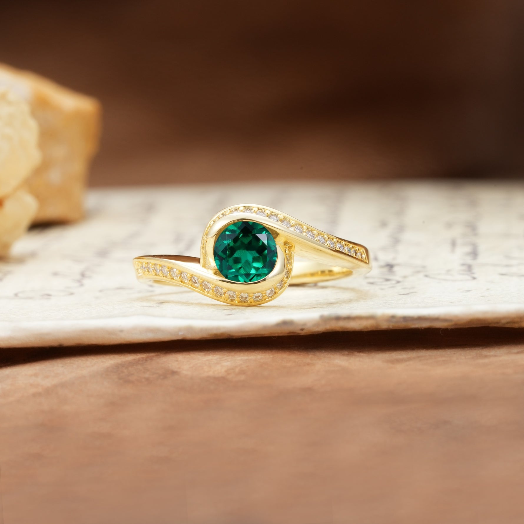 Unique Pavé-Set Spiral Round Cut Emerald Engagement Ring - Additional view