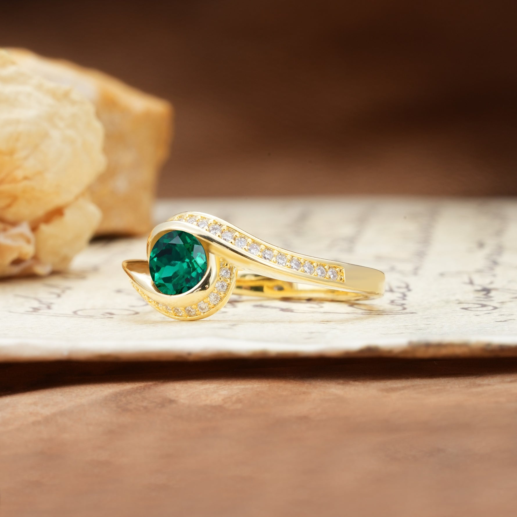 Unique Pavé-Set Spiral Round Cut Emerald Engagement Ring - Additional view