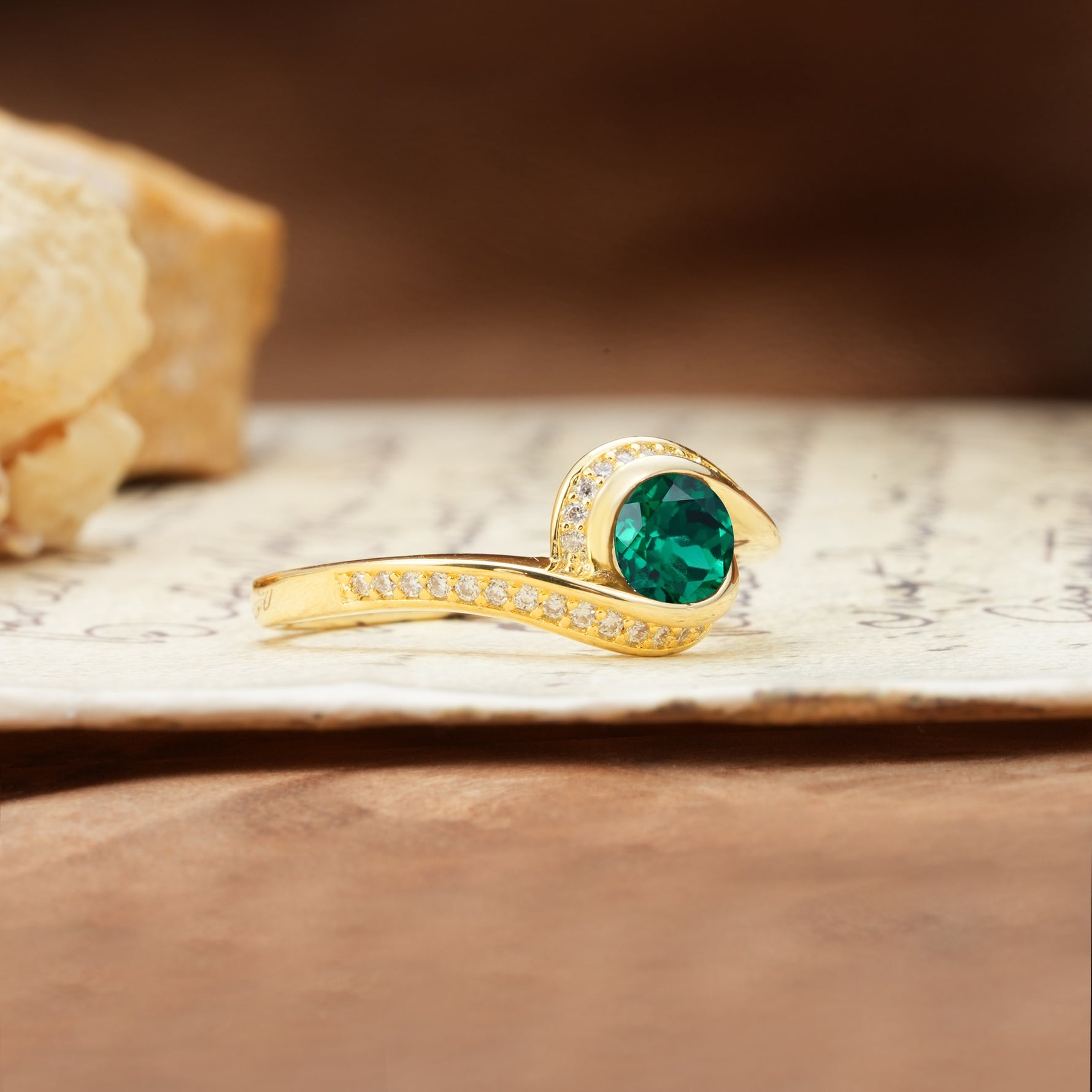 Unique Pavé-Set Spiral Round Cut Emerald Engagement Ring - Additional view