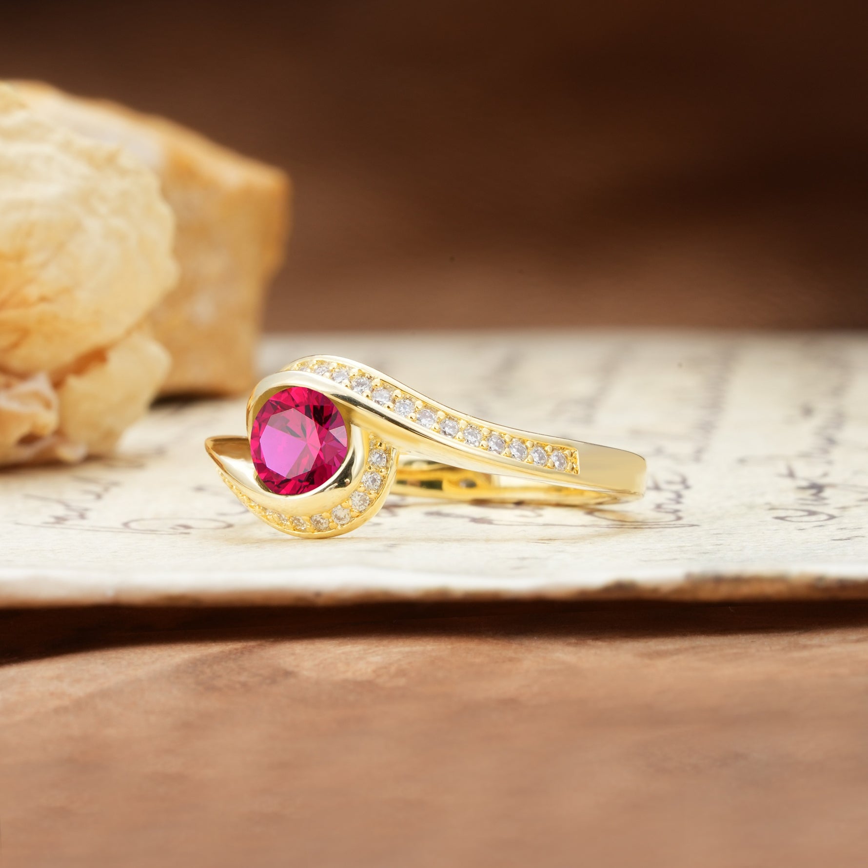 Unique Pavé-Set Spiral Round Cut Ruby Engagement Ring - Additional view