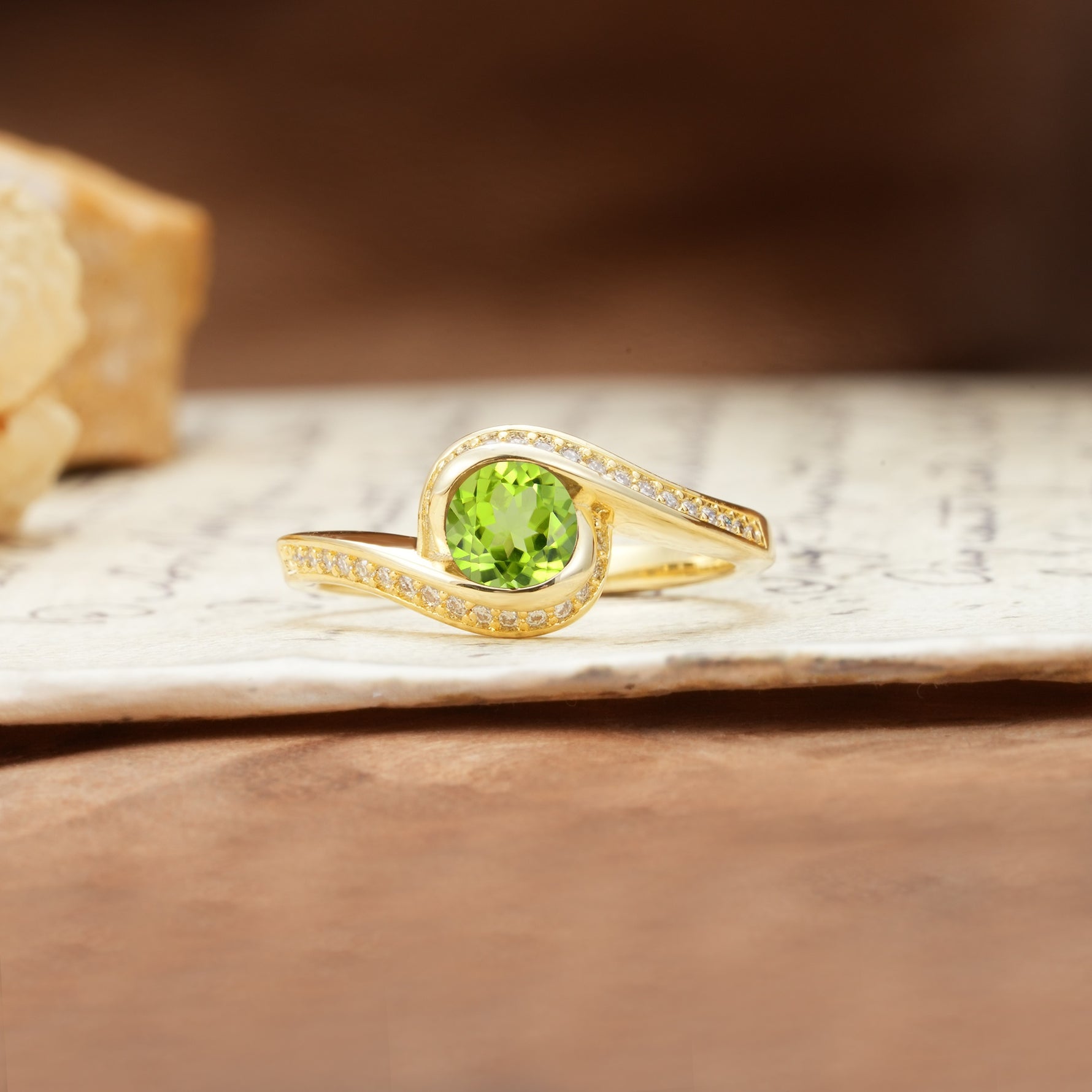 Unique Pavé-Set Spiral Round Cut Peridot Engagement Ring - Additional view