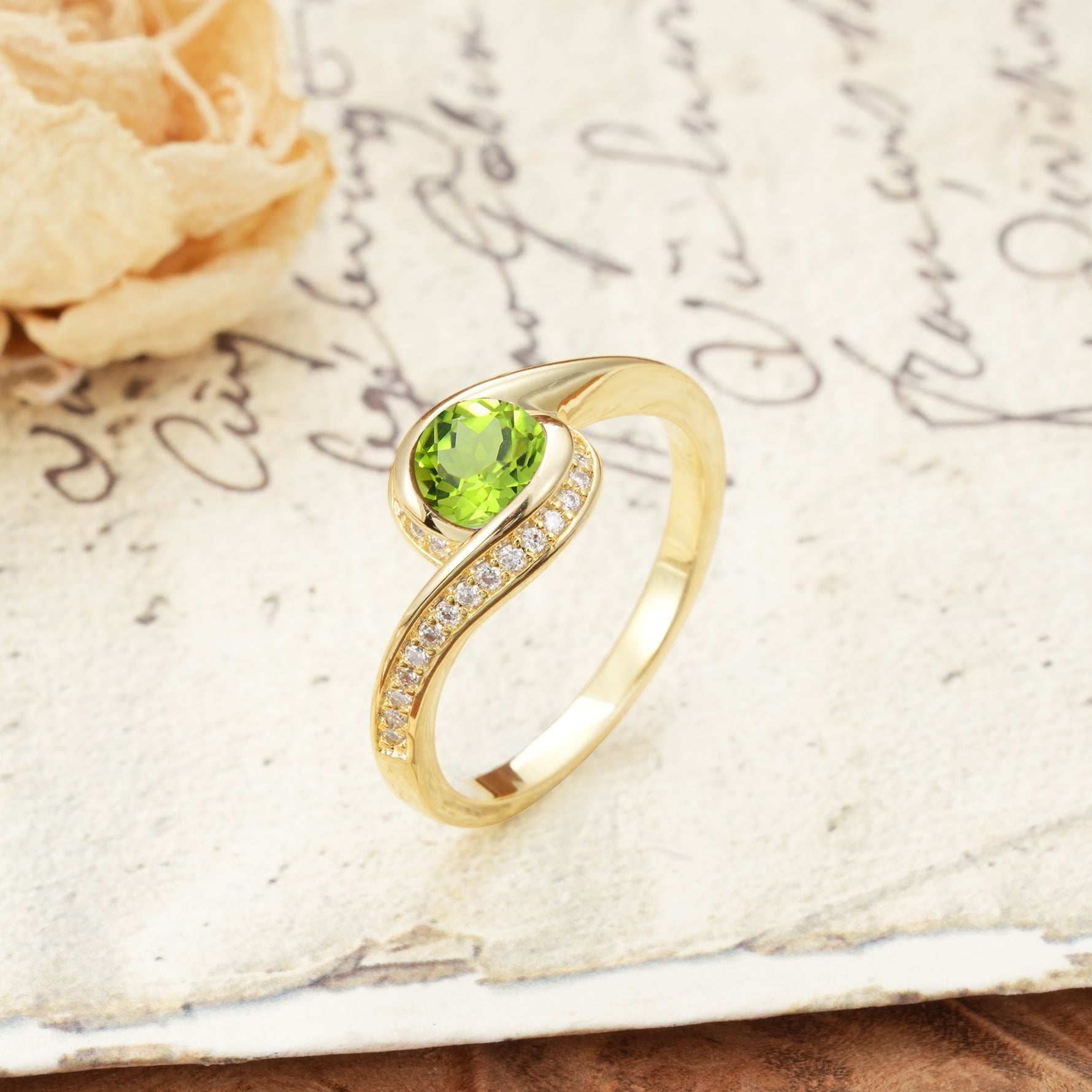 Unique Pavé-Set Spiral Round Cut Peridot Engagement Ring - Additional view