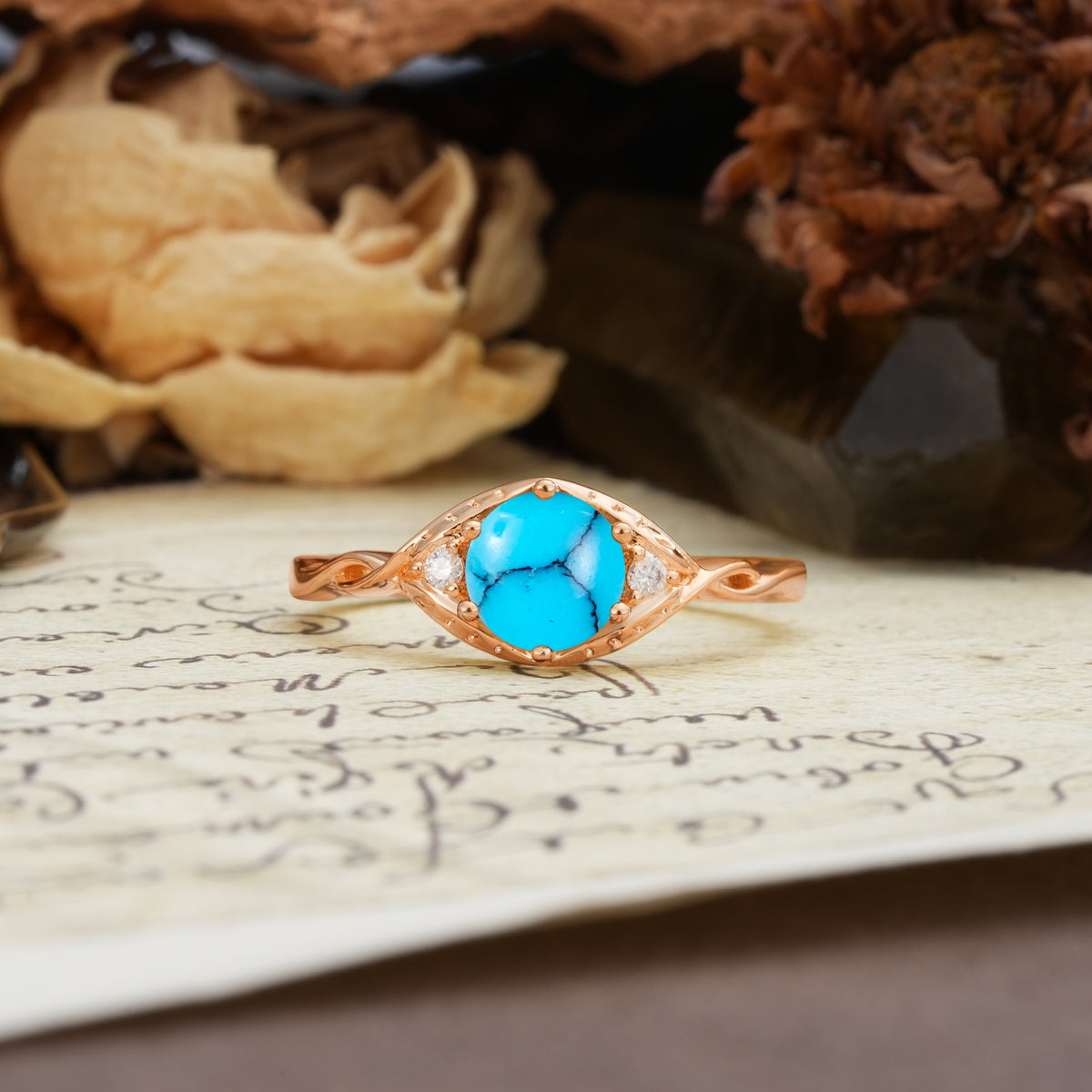 Retro Twisted Demon's Eye — 6-Prong Round Cut Turquoise Engagement Ring - Additional view