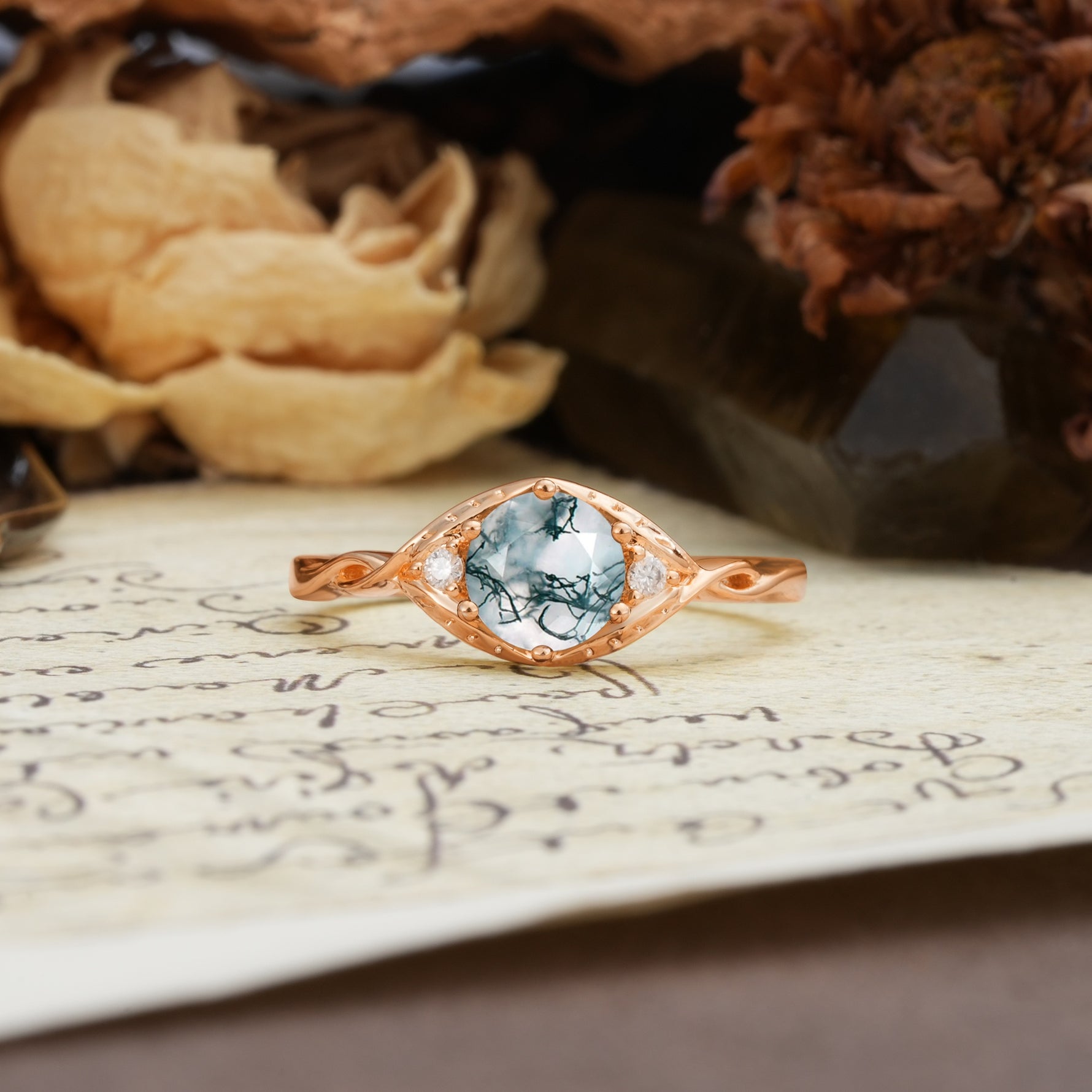 Retro Twisted Demon's Eye — 6-Prong Round Cut Moss Agate Engagement Ring - Additional view