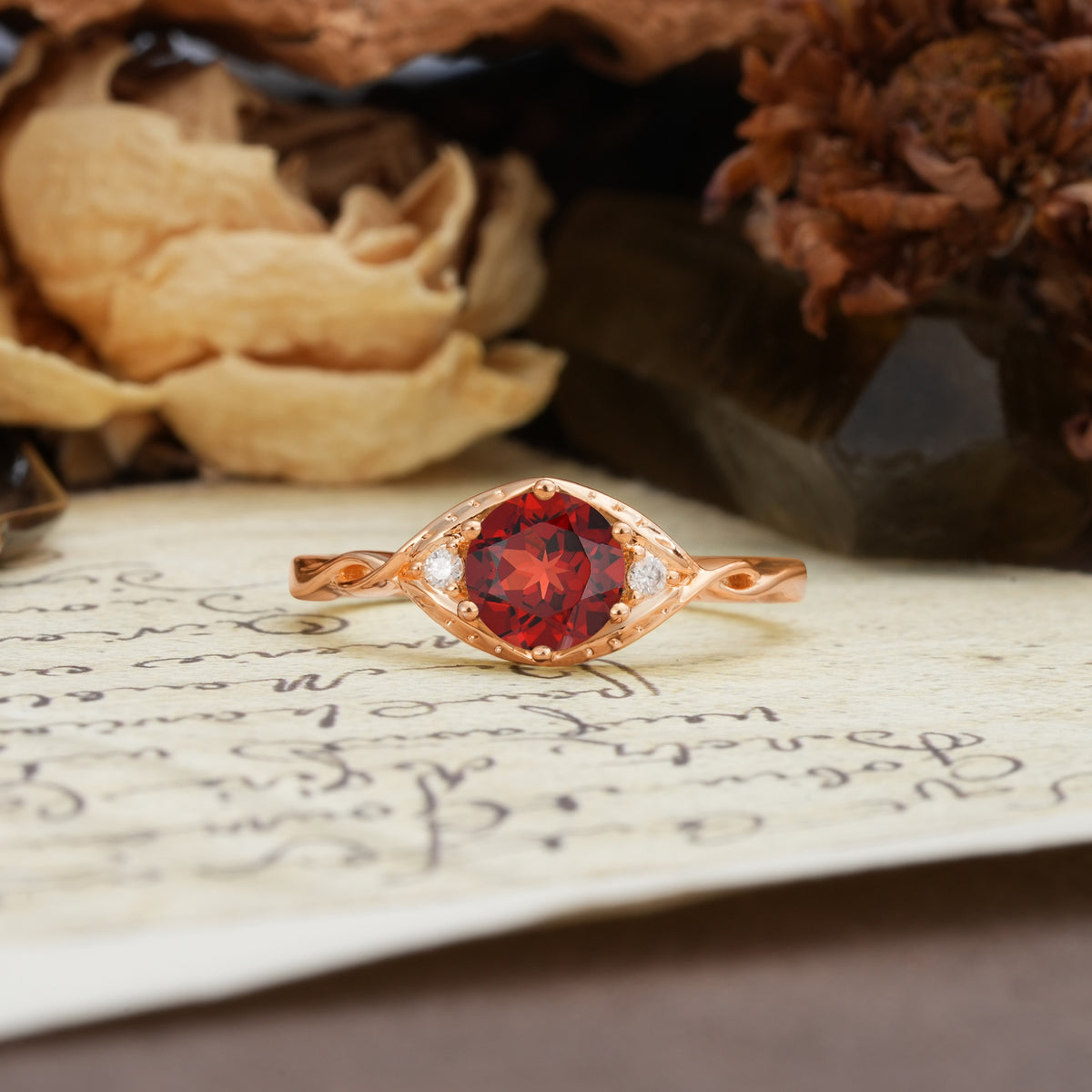 Retro Twisted Demon's Eye — 6-Prong Round Cut Garnet Engagement Ring - Additional view