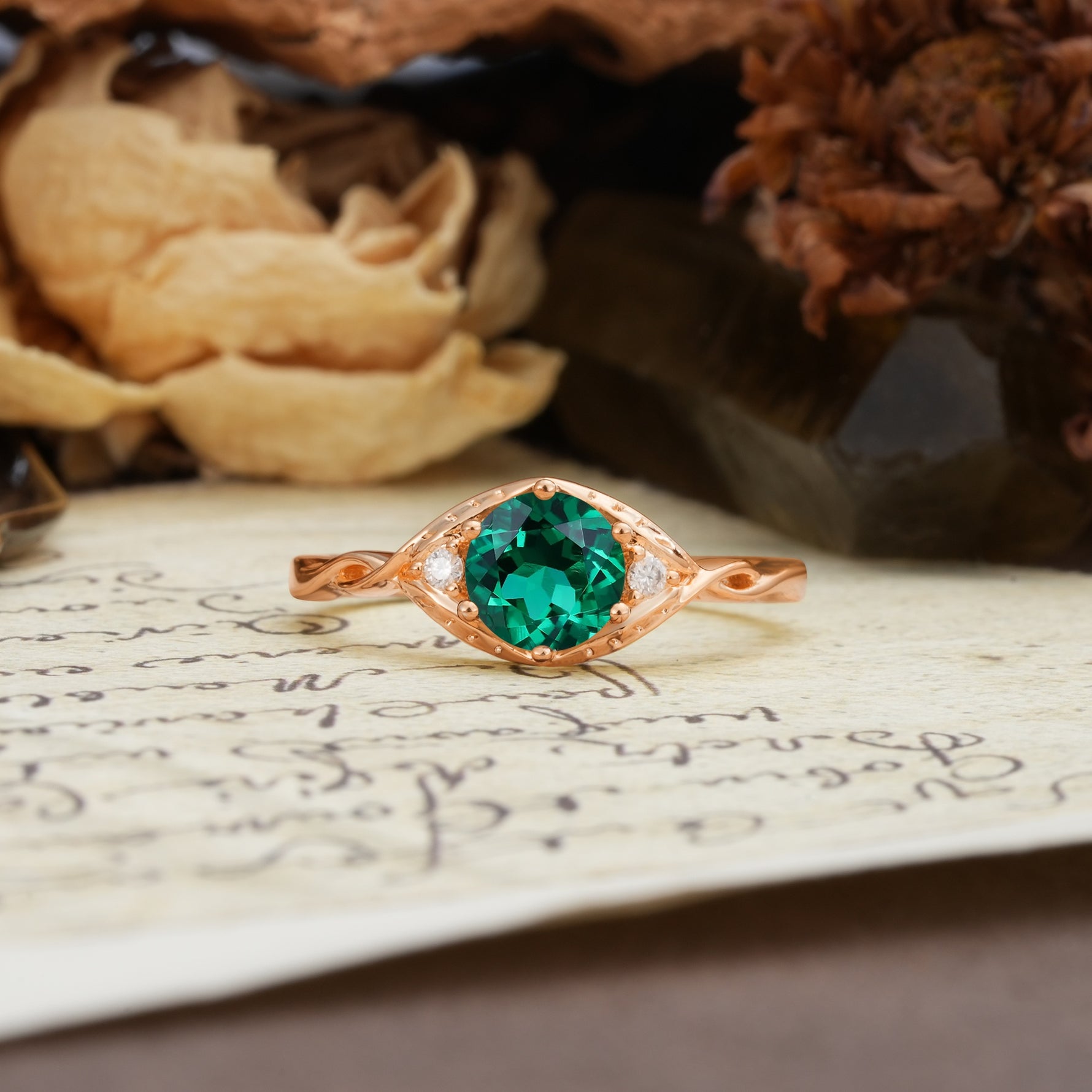 Retro Twisted Demon's Eye — 6-Prong Round Cut Emerald Engagement Ring - Additional view