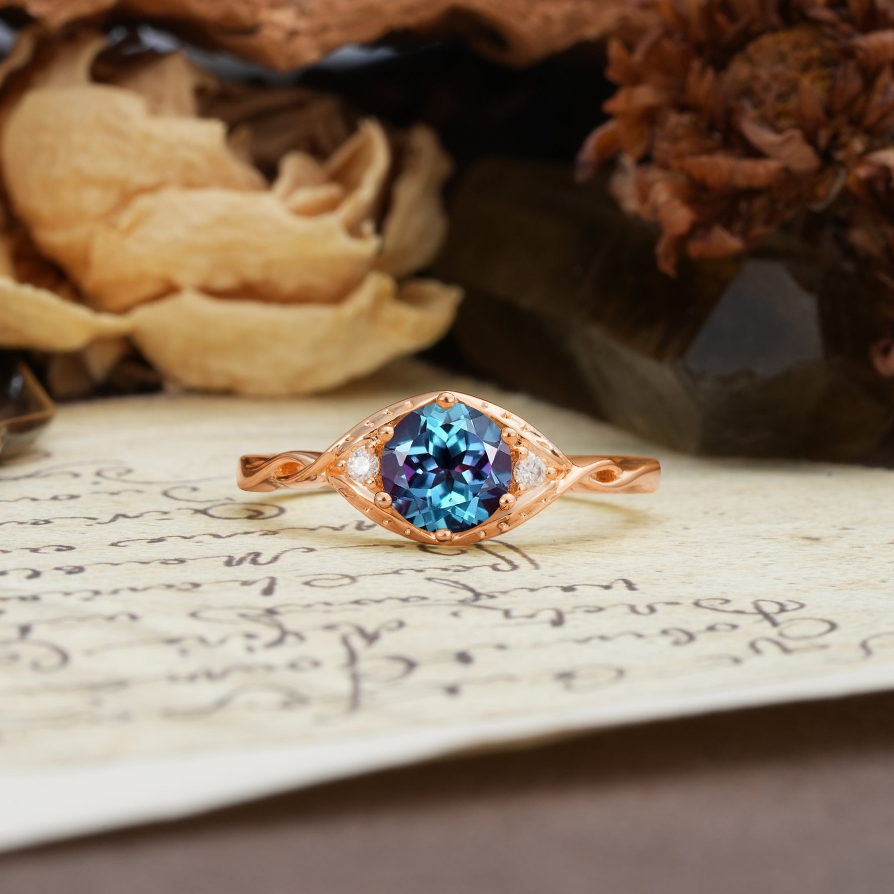 Retro Twisted Demon's Eye — 6-Prong Round Cut Alexandrite Engagement Ring - Additional view