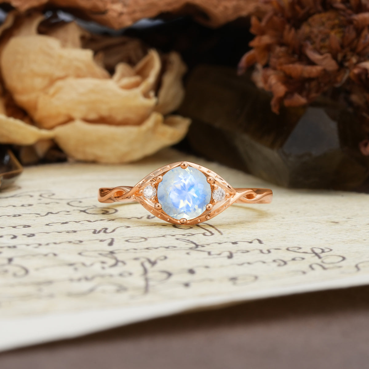 Retro Twisted Demon's Eye — 6-Prong Round Cut Moonstone Engagement Ring - Additional view
