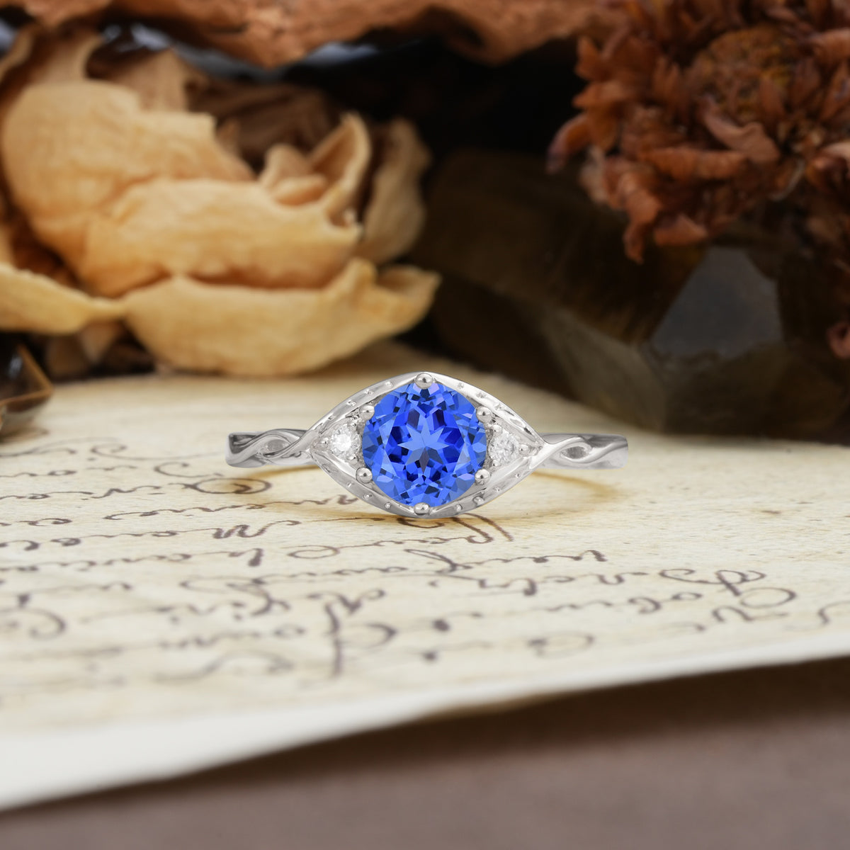Retro Twisted Demon's Eye — 6-Prong Round Cut Sapphire Engagement Ring - Additional view