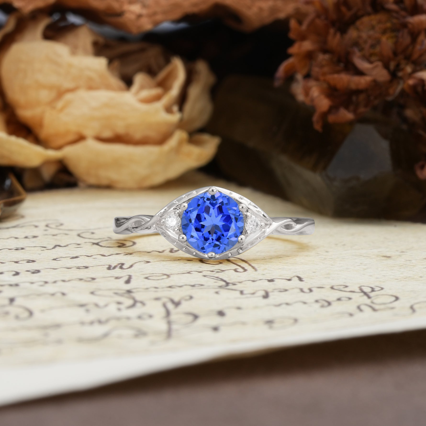 Retro Twisted Demon's Eye — 6-Prong Round Cut Sapphire Engagement Ring - Additional view