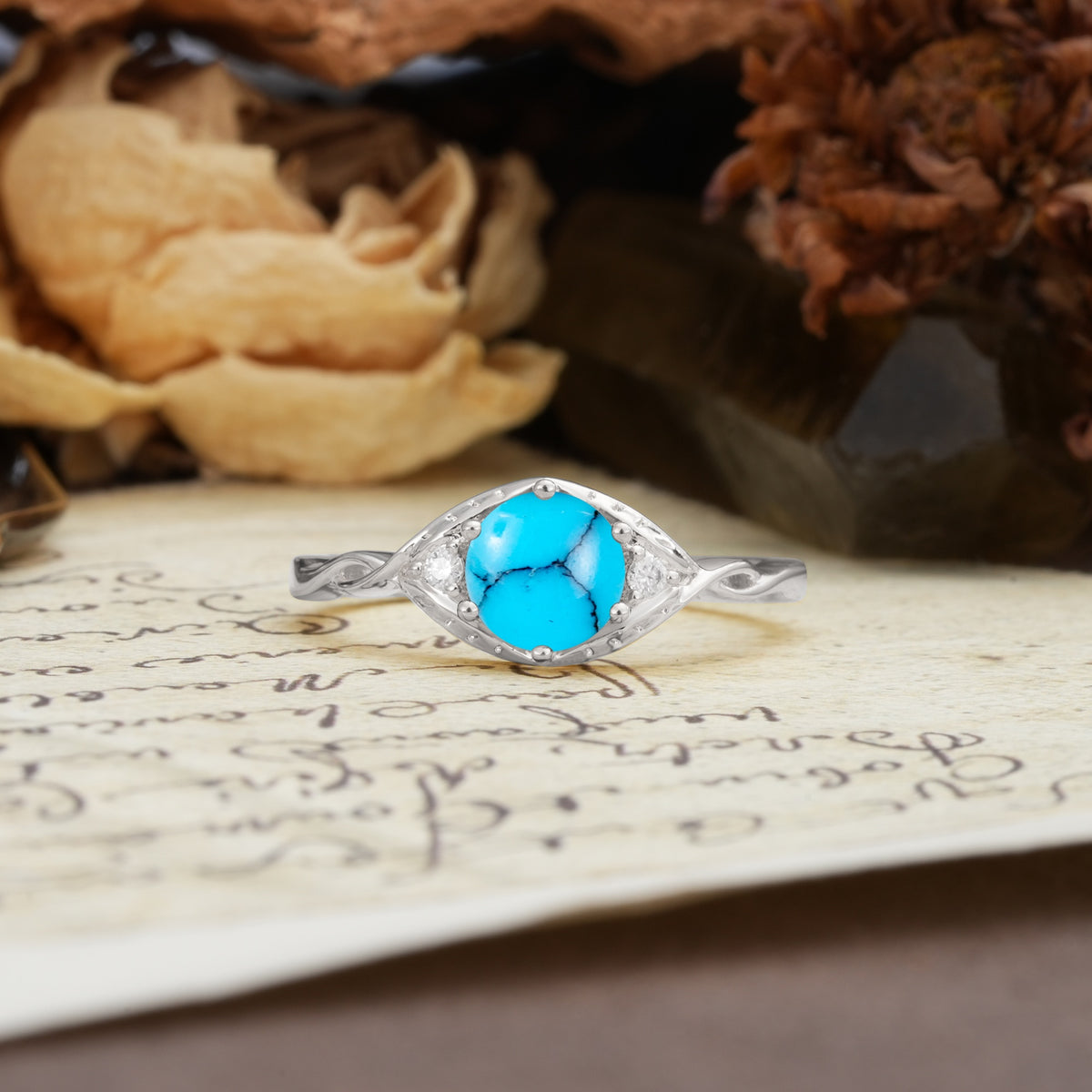 Retro Twisted Demon's Eye — 6-Prong Round Cut Turquoise Engagement Ring - Additional view