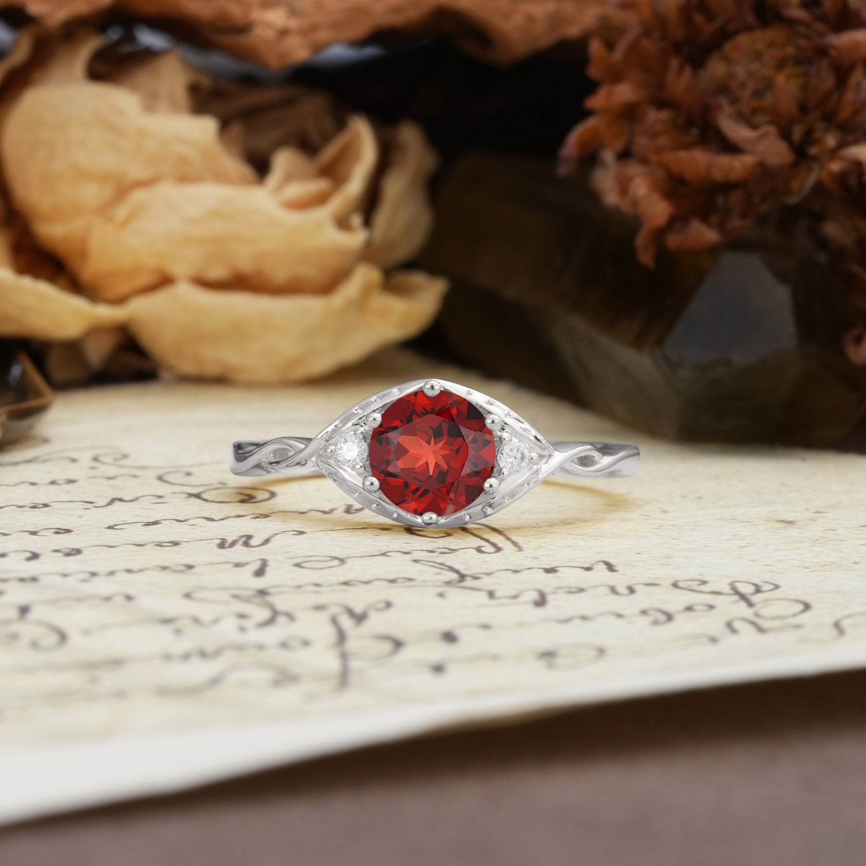 Retro Twisted Demon's Eye — 6-Prong Round Cut Garnet Engagement Ring - Additional view