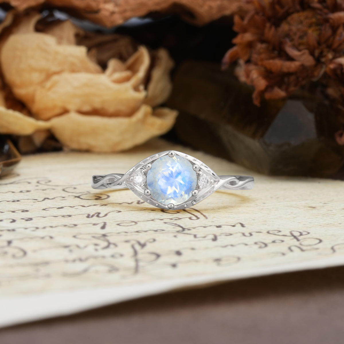 Retro Twisted Demon's Eye — 6-Prong Round Cut Moonstone Engagement Ring - Additional view