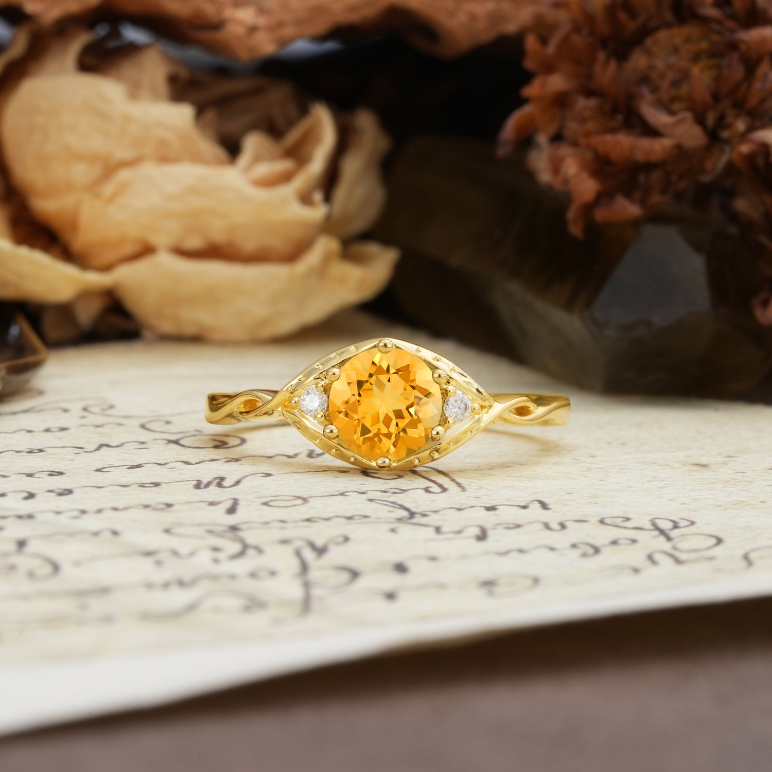 Retro Twisted Demon's Eye — 6-Prong Round Cut Citrine Engagement Ring