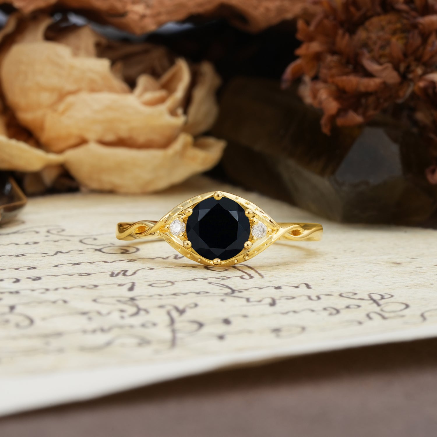 Retro Twisted Demon's Eye — 6-Prong Round Cut Black Onyx Engagement Ring