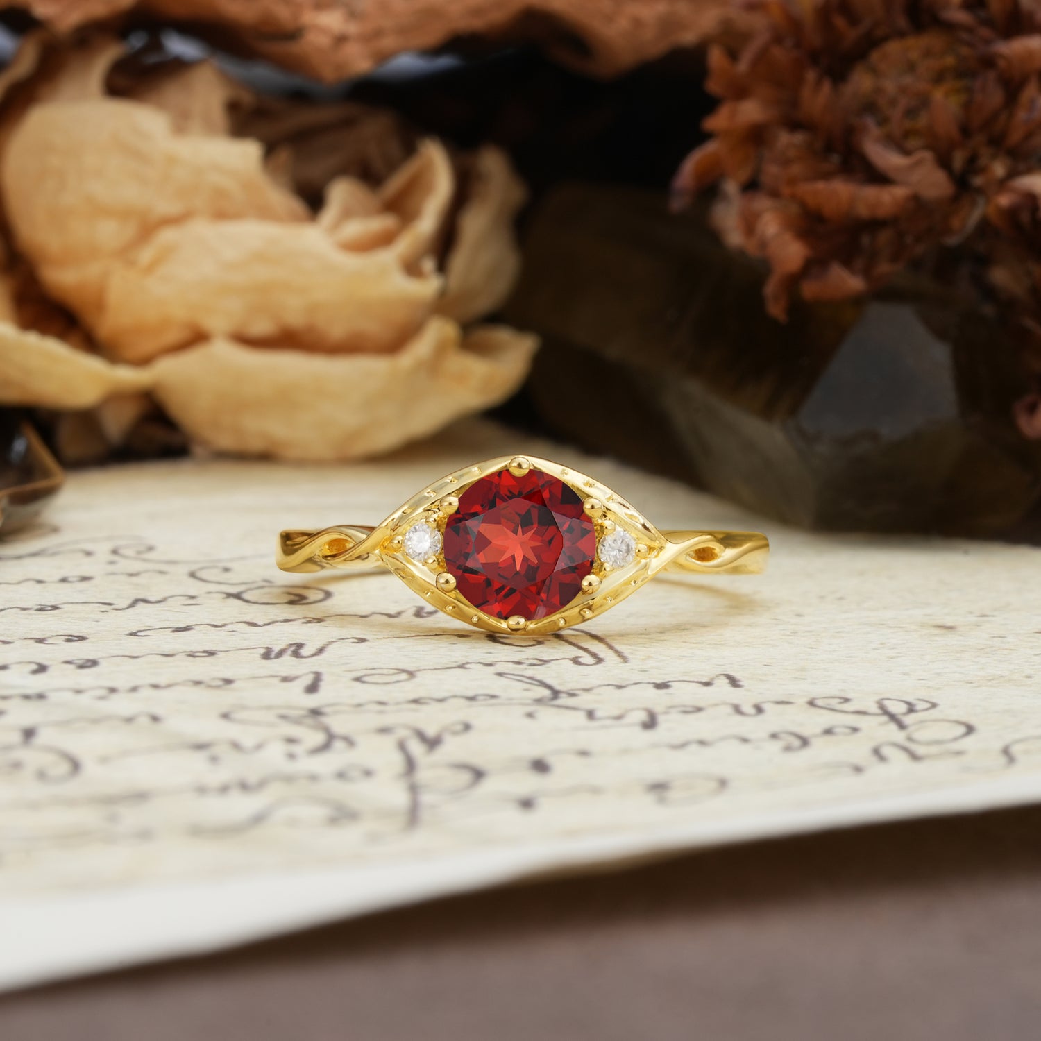 Retro Twisted Demon's Eye — 6-Prong Round Cut Garnet Engagement Ring
