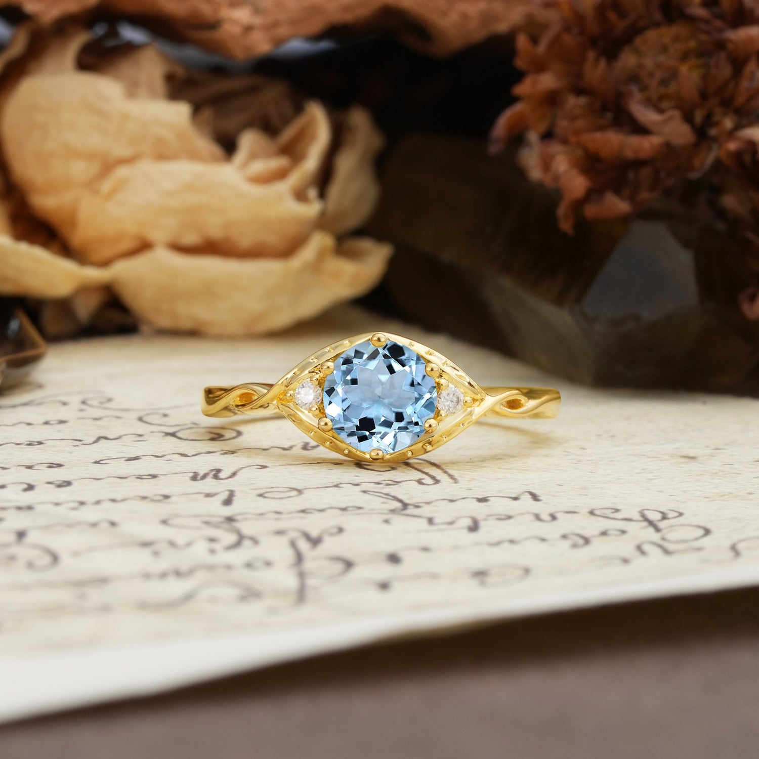 Retro Twisted Demon's Eye — 6-Prong Round Cut Aquamarine Engagement Ring