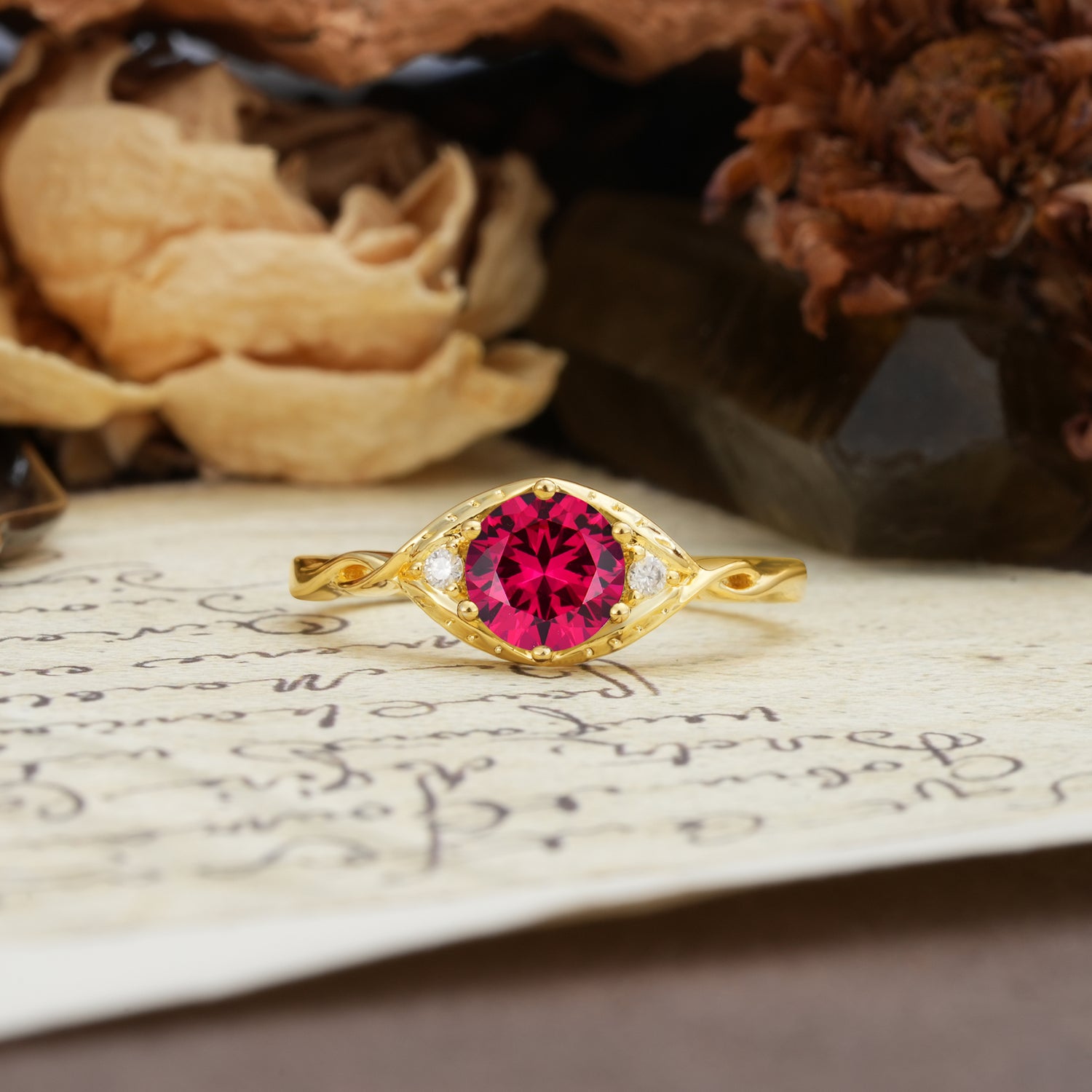 Retro Twisted Demon's Eye — 6-Prong Round Cut Ruby Engagement Ring