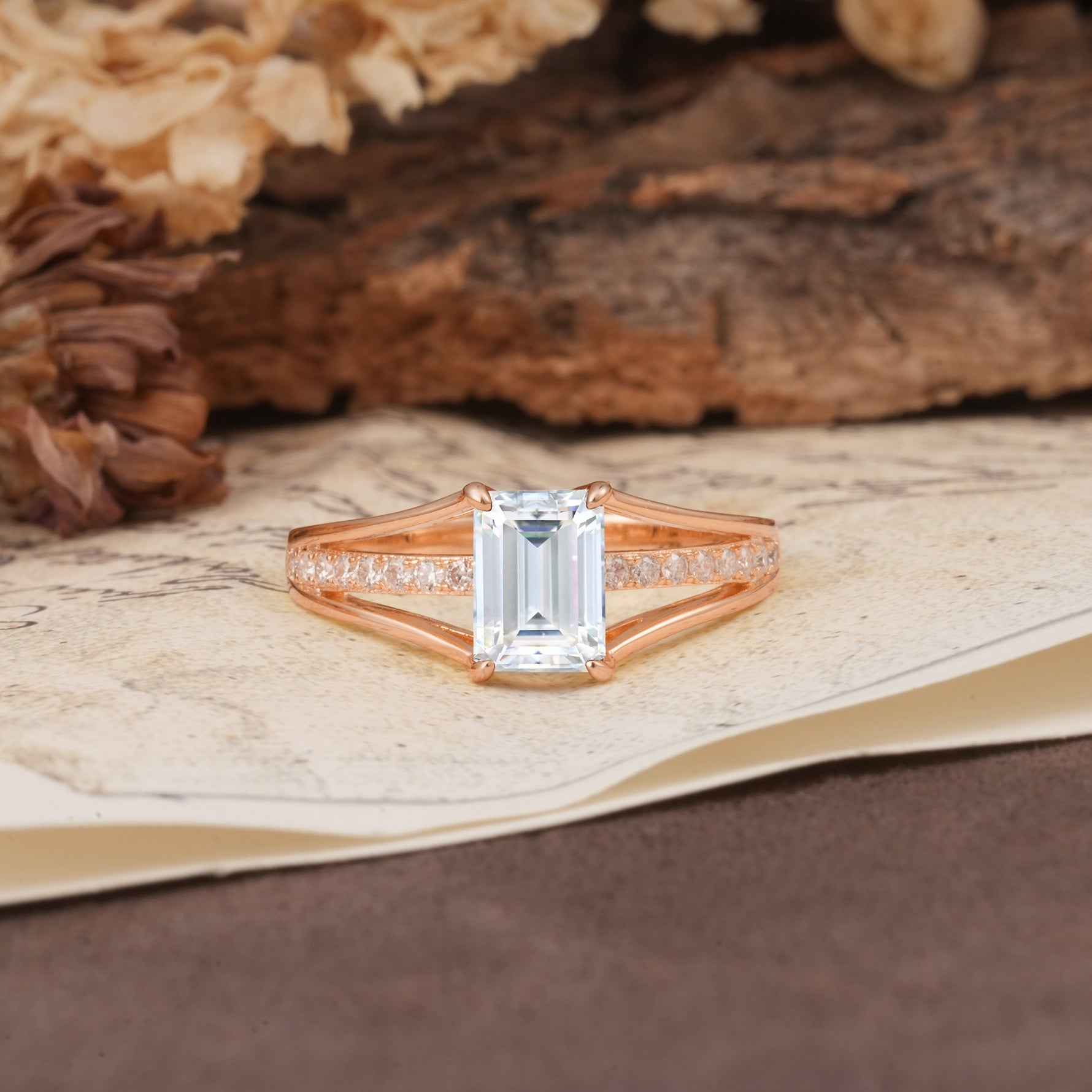 Unique and Luxurious 4-Prong Emerald Cut Moissanite Engagement Ring - Additional view