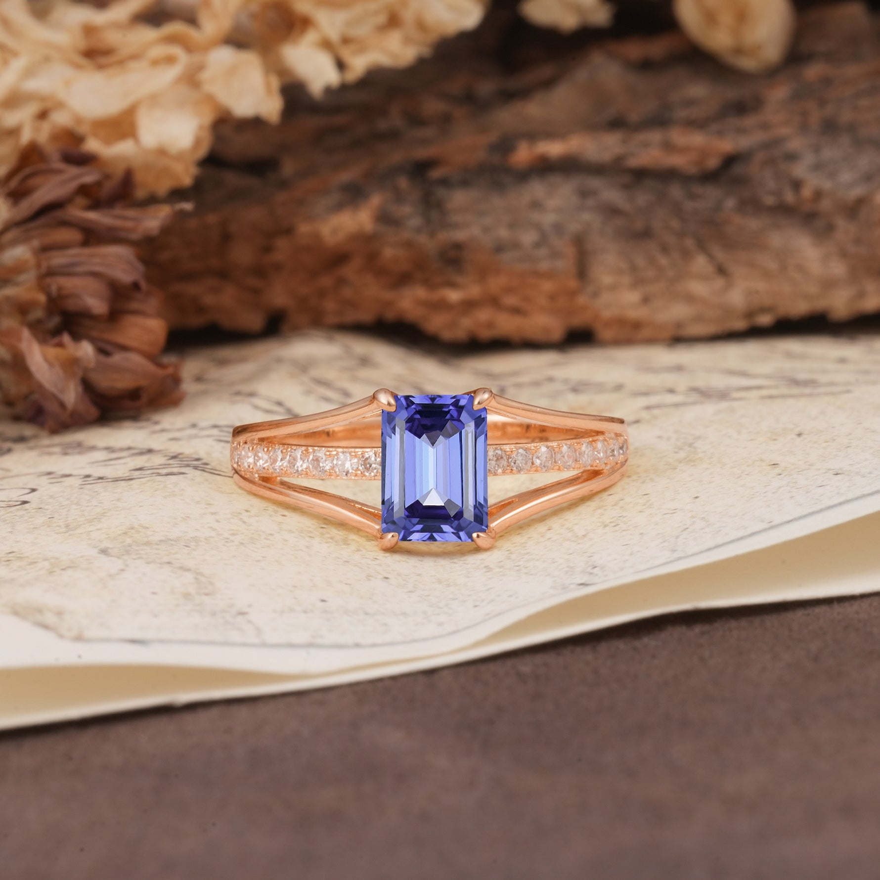 Unique and Luxurious 4-Prong Emerald Cut Tanzanite Engagement Ring - Additional view