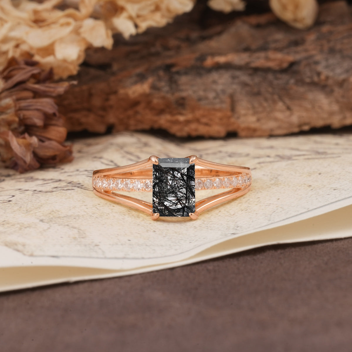 Unique and Luxurious 4-Prong Emerald Cut Black Rutilated Quartz Engagement Ring - Additional view