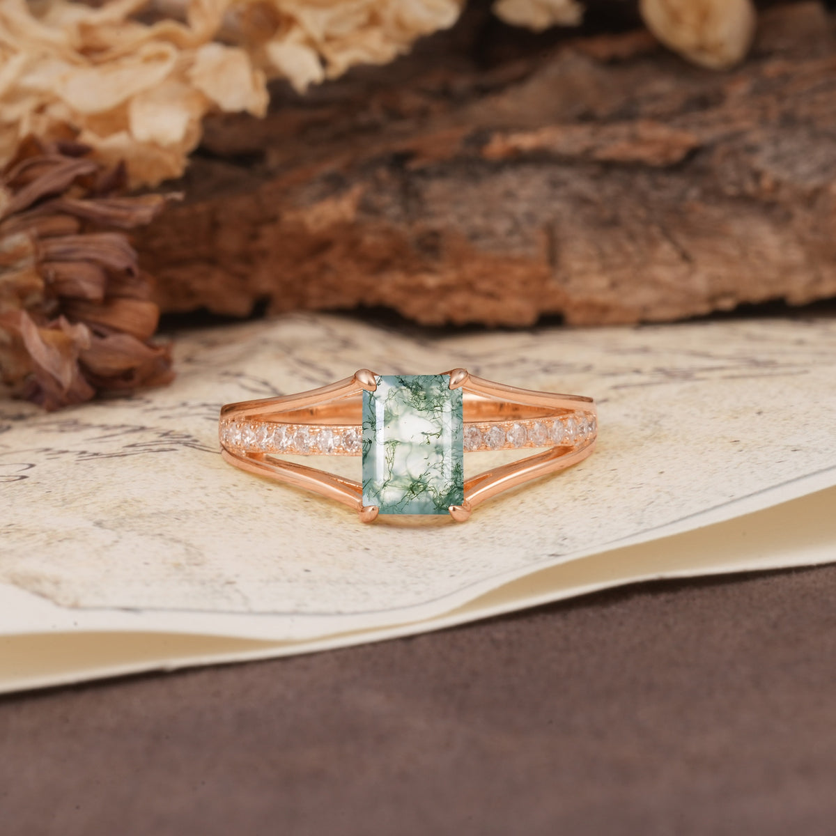 Unique and Luxurious 4-Prong Emerald Cut Moss Agate Engagement Ring - Additional view