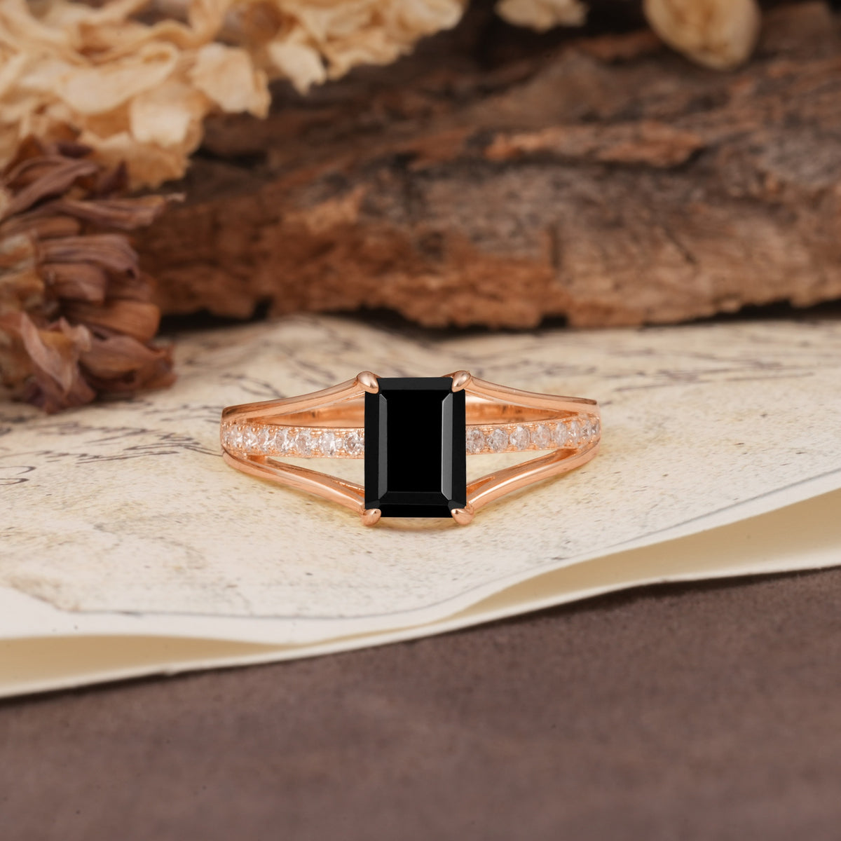 Unique and Luxurious 4-Prong Emerald Cut Black Onyx Engagement Ring - Additional view