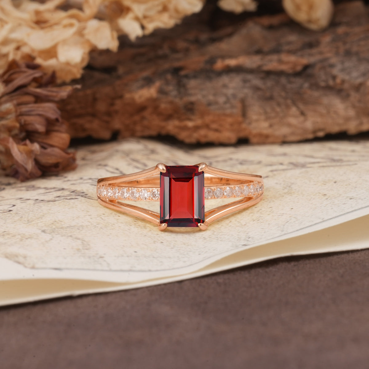Unique and Luxurious 4-Prong Emerald Cut Garnet Engagement Ring - Additional view
