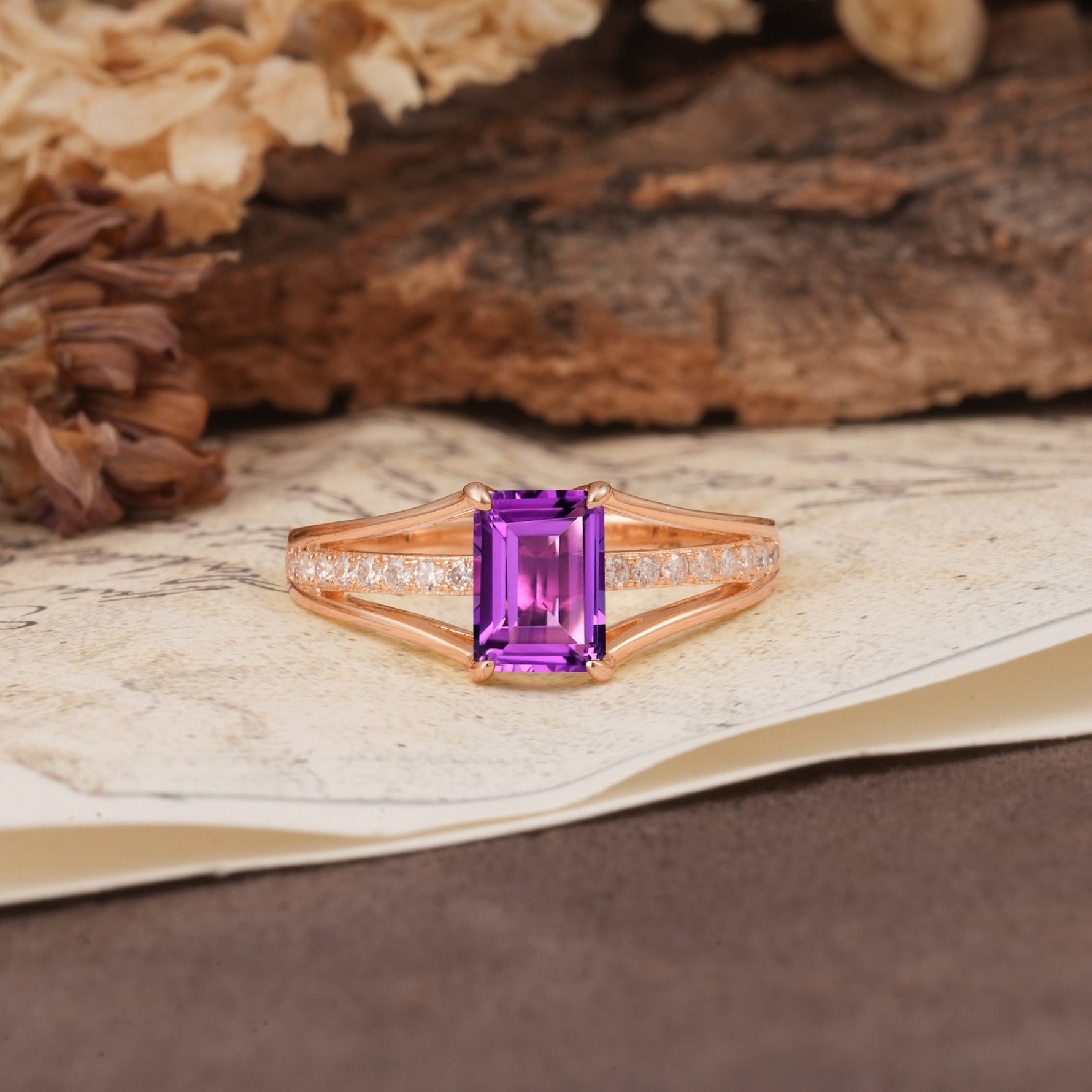 Unique and Luxurious 4-Prong Emerald Cut Amethyst Engagement Ring - Additional view