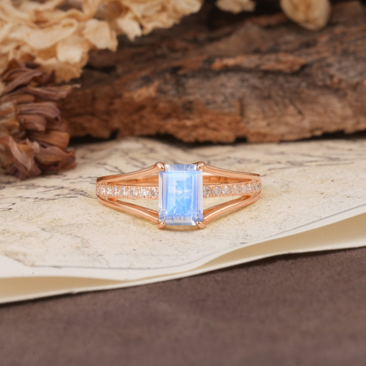 Unique and Luxurious 4-Prong Emerald Cut Moonstone Engagement Ring - Additional view
