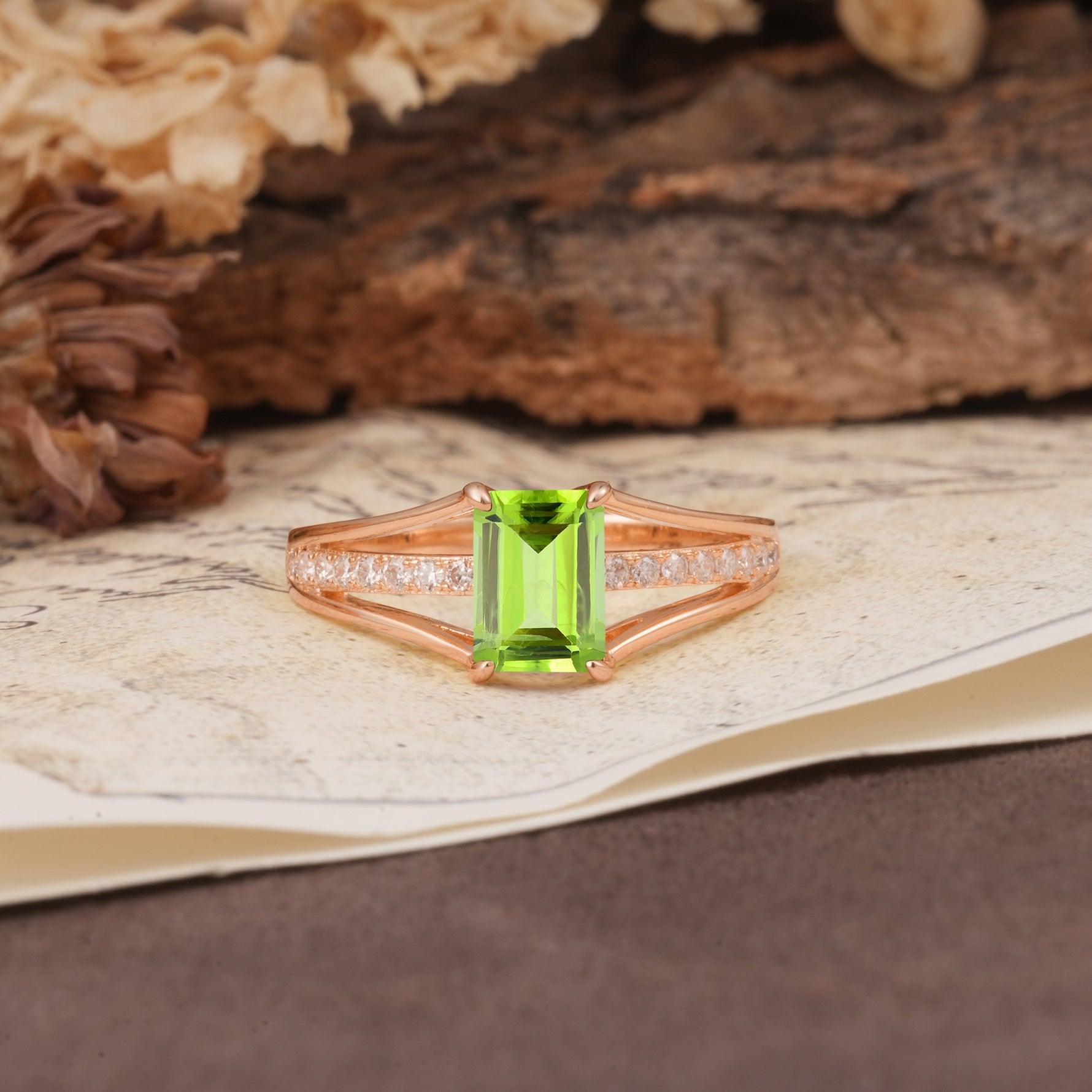 Unique and Luxurious 4-Prong Emerald Cut Peridot Engagement Ring - Additional view