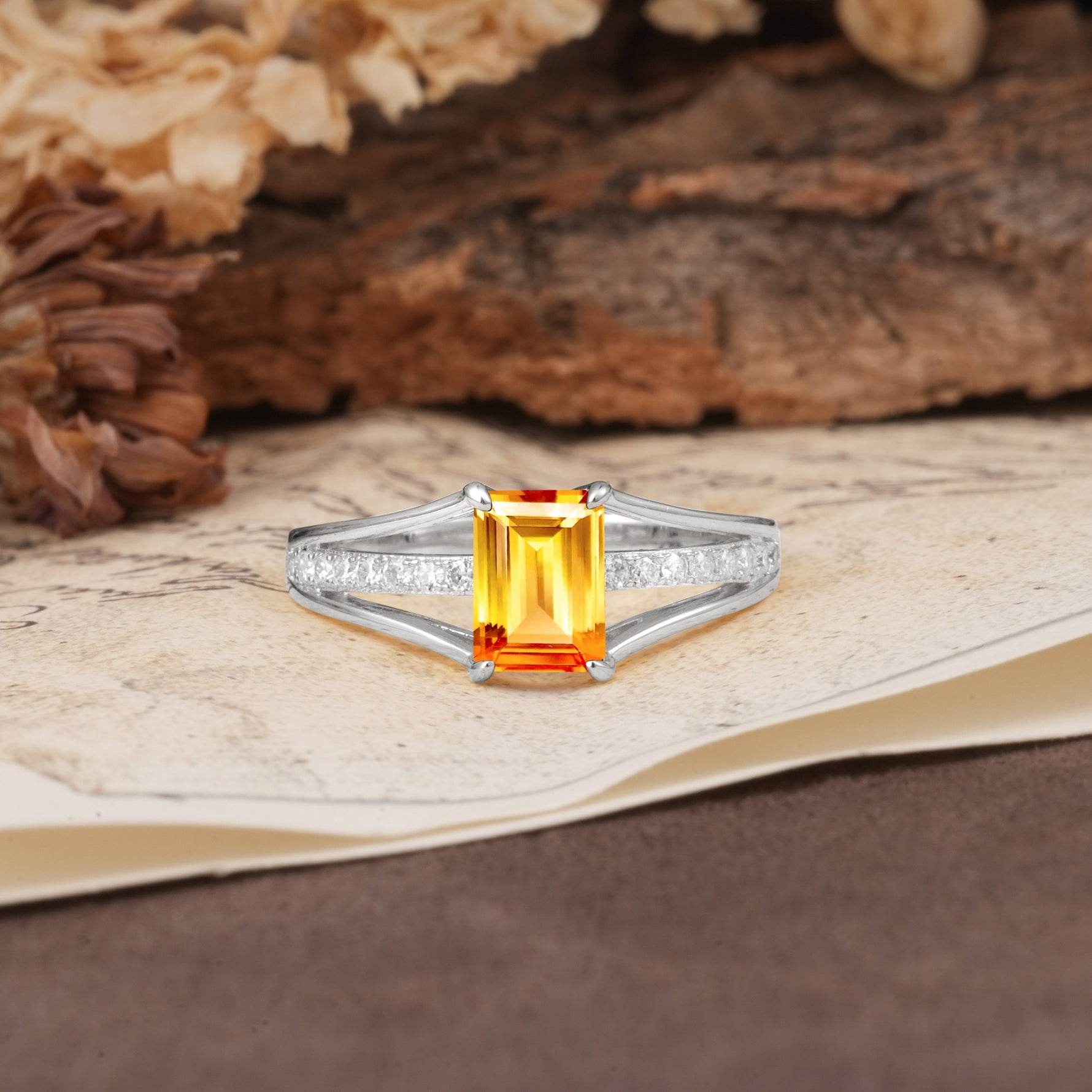 Unique and Luxurious 4-Prong Emerald Cut Citrine Engagement Ring - Additional view
