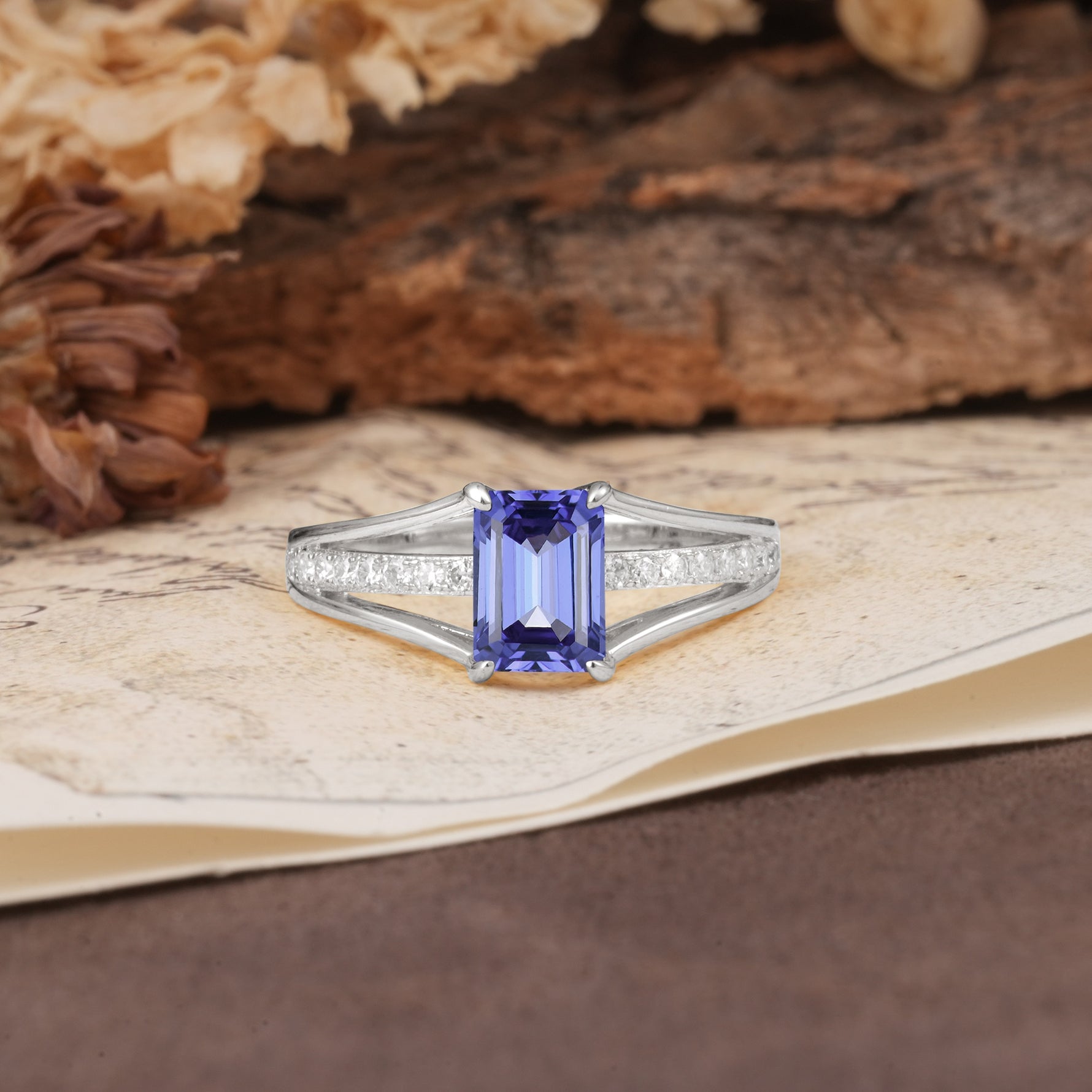 Unique and Luxurious 4-Prong Emerald Cut Tanzanite Engagement Ring - Additional view