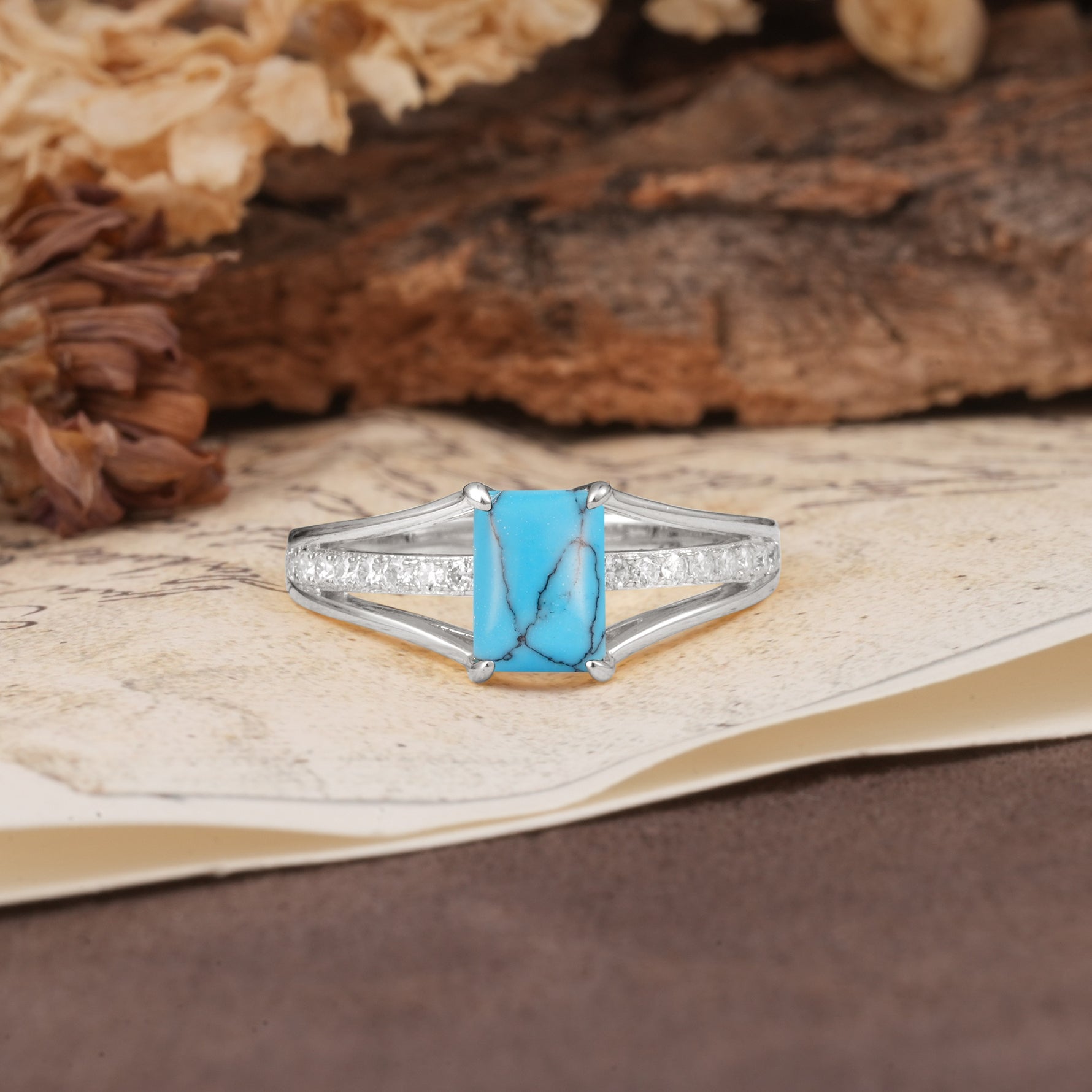 Unique and Luxurious 4-Prong Emerald Cut Turquoise Engagement Ring - Additional view