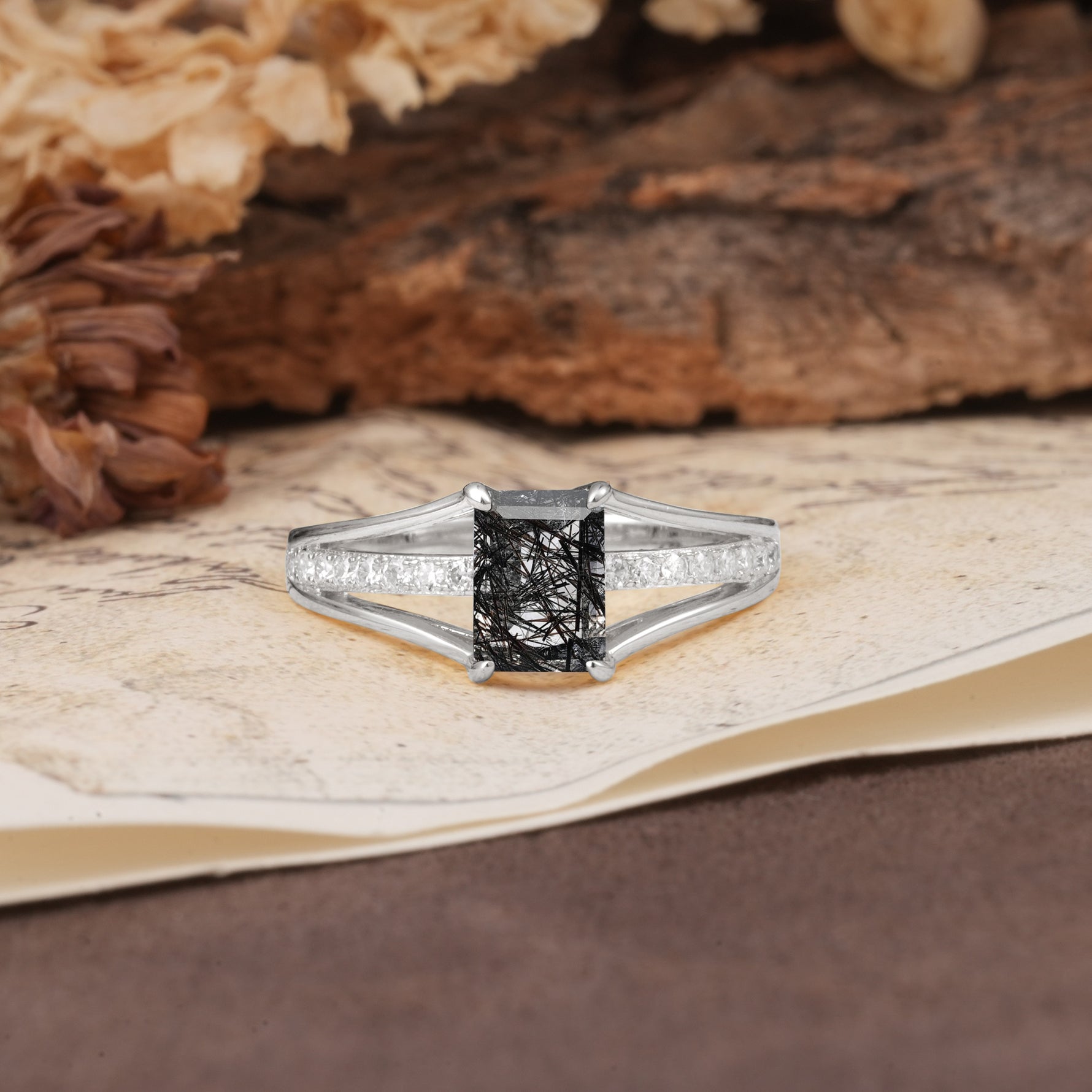 Unique and Luxurious 4-Prong Emerald Cut Black Rutilated Quartz Engagement Ring - Additional view