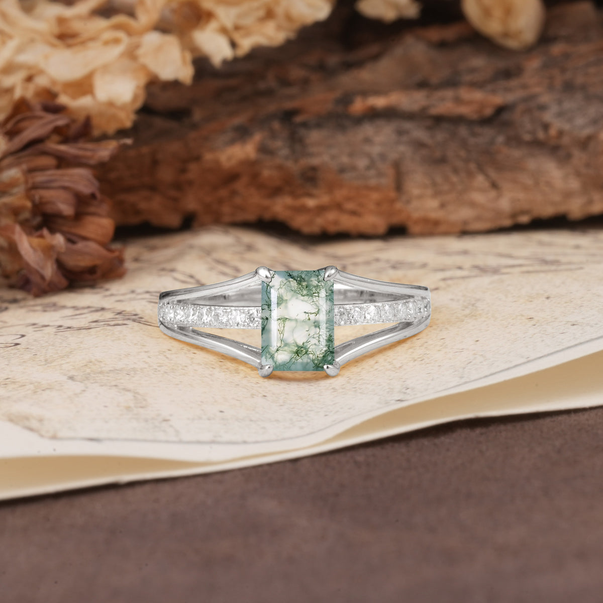 Unique and Luxurious 4-Prong Emerald Cut Moss Agate Engagement Ring - Additional view