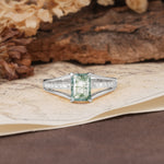 Unique and Luxurious 4-Prong Emerald Cut Moss Agate Engagement Ring - Additional view