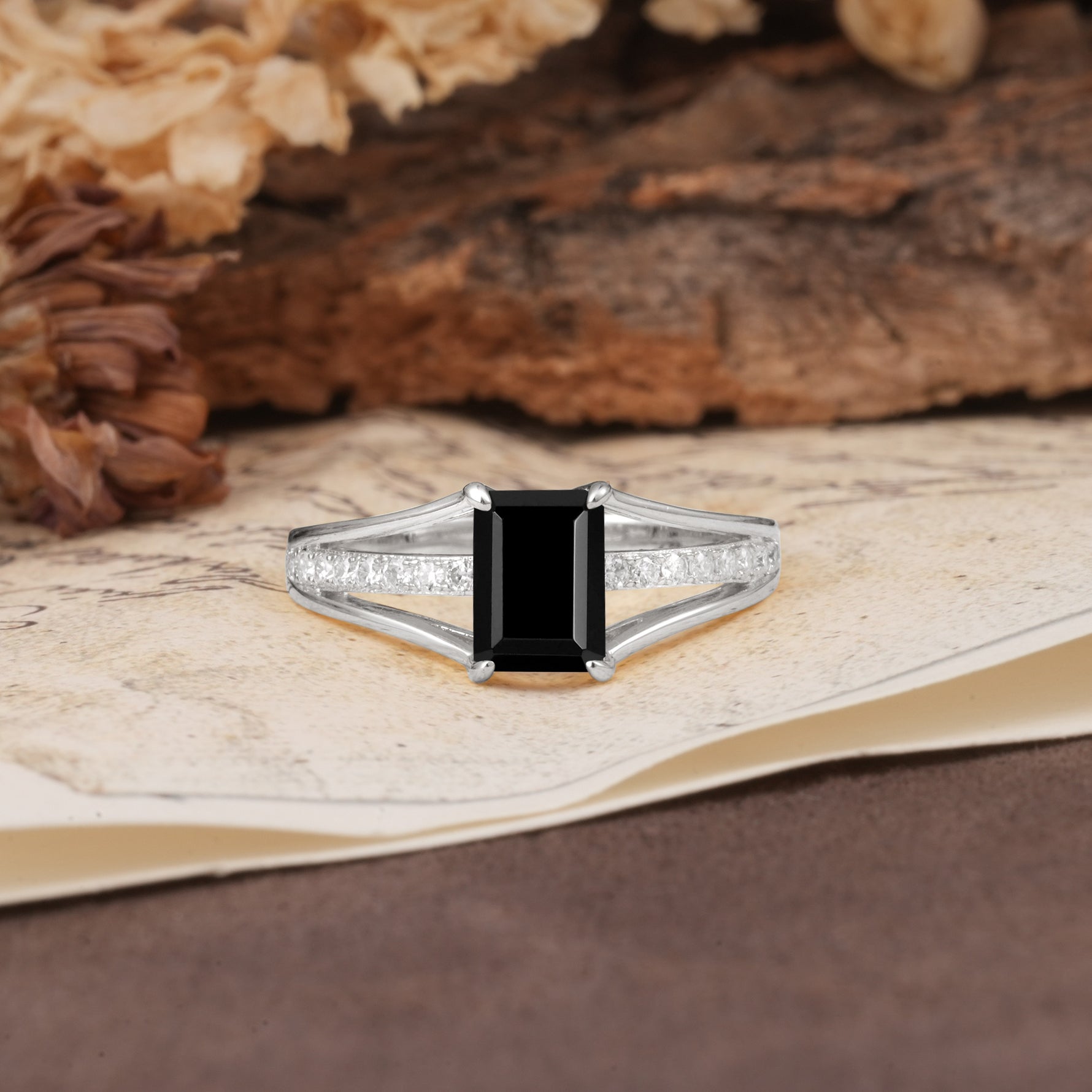 Unique and Luxurious 4-Prong Emerald Cut Black Onyx Engagement Ring - Additional view