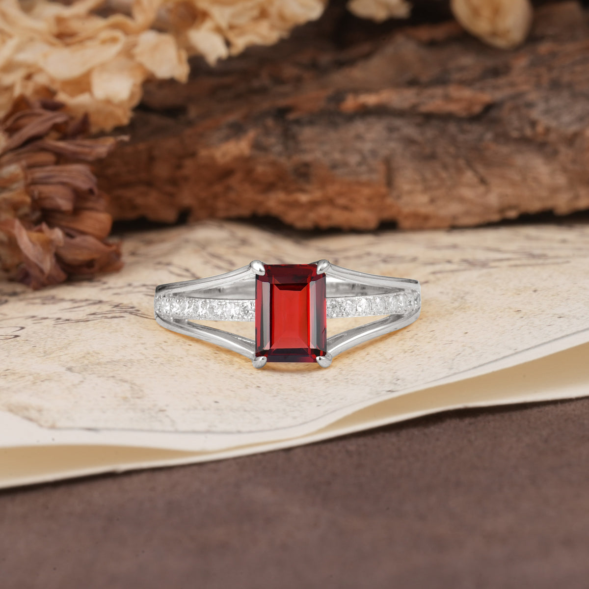 Unique and Luxurious 4-Prong Emerald Cut Garnet Engagement Ring - Additional view
